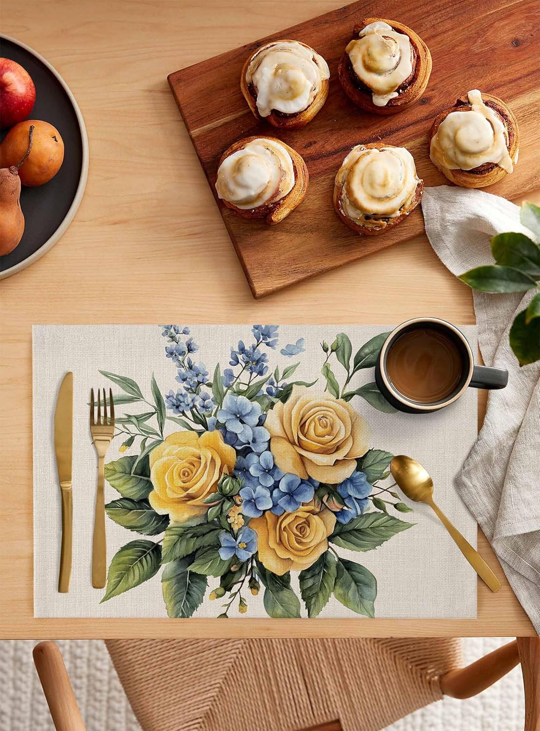 Placemats Set of 8 Vintage Yellow Rose Leaves Place Mat Washable Kitchen Dining Table Mats Farm Botanical Flowers Placemat for Indoor Family Dinner Outdoor Wedding Holiday Party Decor