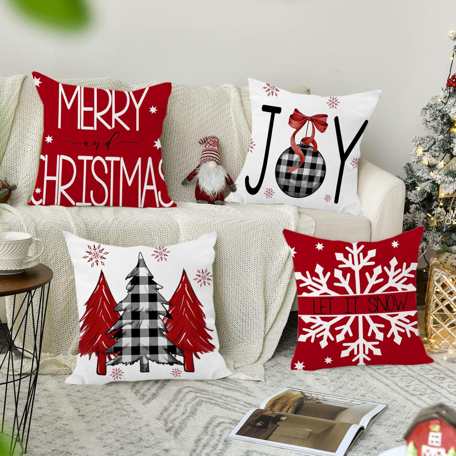 22x22 Christmas Pillow Covers Set of 4 Let It Snow 22 x 22 Merry Christmas Pine Tree Square Velvet Fabric Two Sides Print Throw Pillow Case Outdoor Decor for Home Sofa Bed Couch 22 Inch
