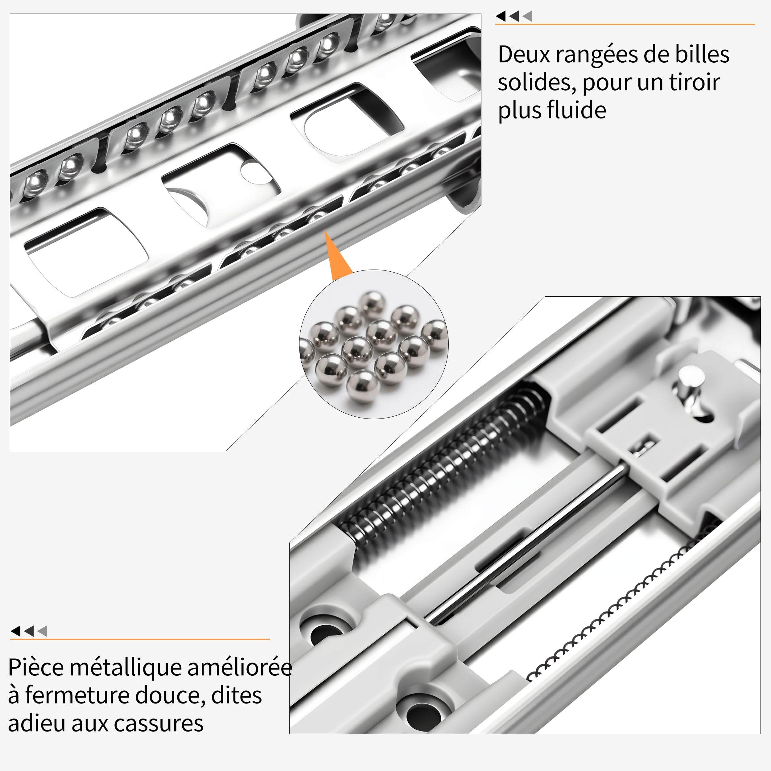 HLC glissiere pour tiroir 6 paires (12pcs), 50cm Glissières de tiroir à fermeture automatique douce, extension complète avec glissières à roulement à billes, coulisse tiroir 100 lb de capacité