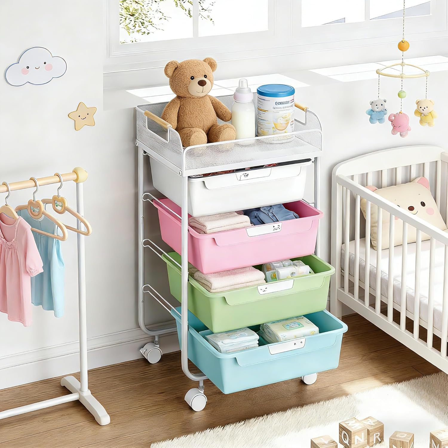 4 Drawer Rolling Utility Craft Storage Organizer Cart with Convenient Mesh Top, Art Supplies Storage Cart with 4 DIY Labels for Home Office Classroom Bedroom Kids, Green