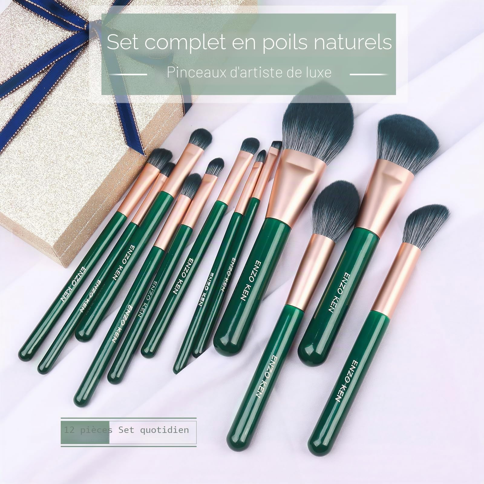 ENZO KEN Ensemble de Pinceaux de Maquillage Naturels en Fibre Naturelle Et en Poils de Chèvre Professional avec Sac, Set de Pinceaux de Maquillage Vert Émeraude pour Cheveux Combinés.