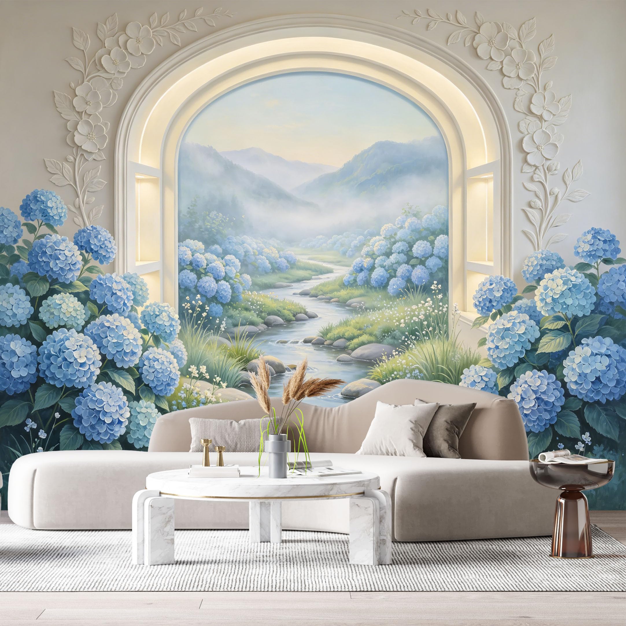 Custom Size Wall Murals Hydrangea Flower Mountain River Landscape 3D Trompe L'Oeil SelfAdhesiveWall Fabric Removable Wallpaper Wall Decor for Living Room Bedroom Bathroom