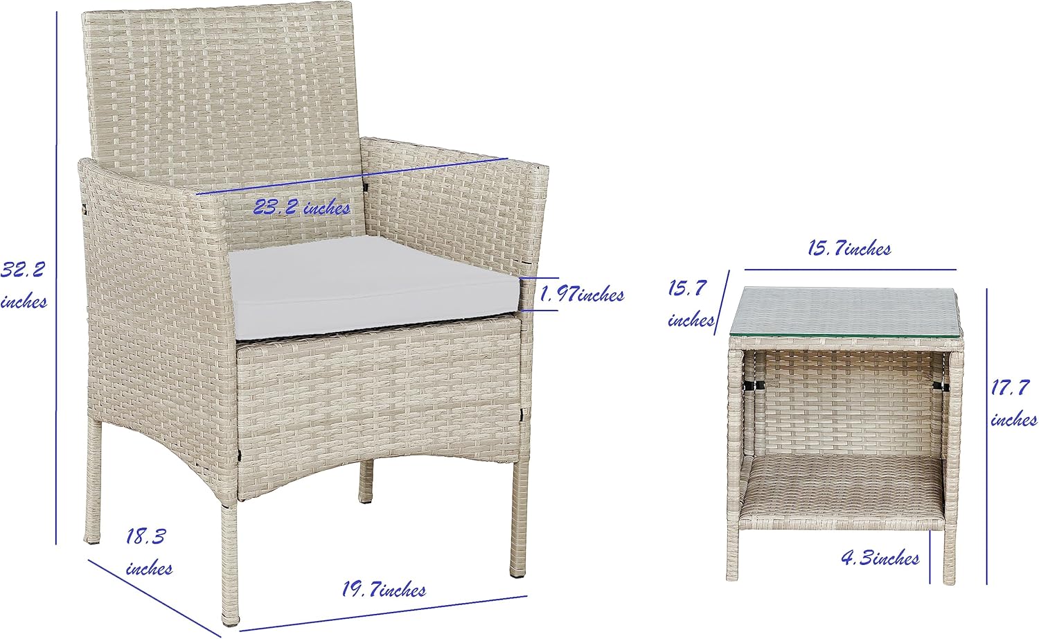 BTEXPERT Outdoor Wicker Conversation 3 Piece Bistro Set Garden Patio Yard Porch Furniture Space Saving Pe Rattan 2 Chairs Cushions Side Storage Glass Table Gray/Cream 3pc