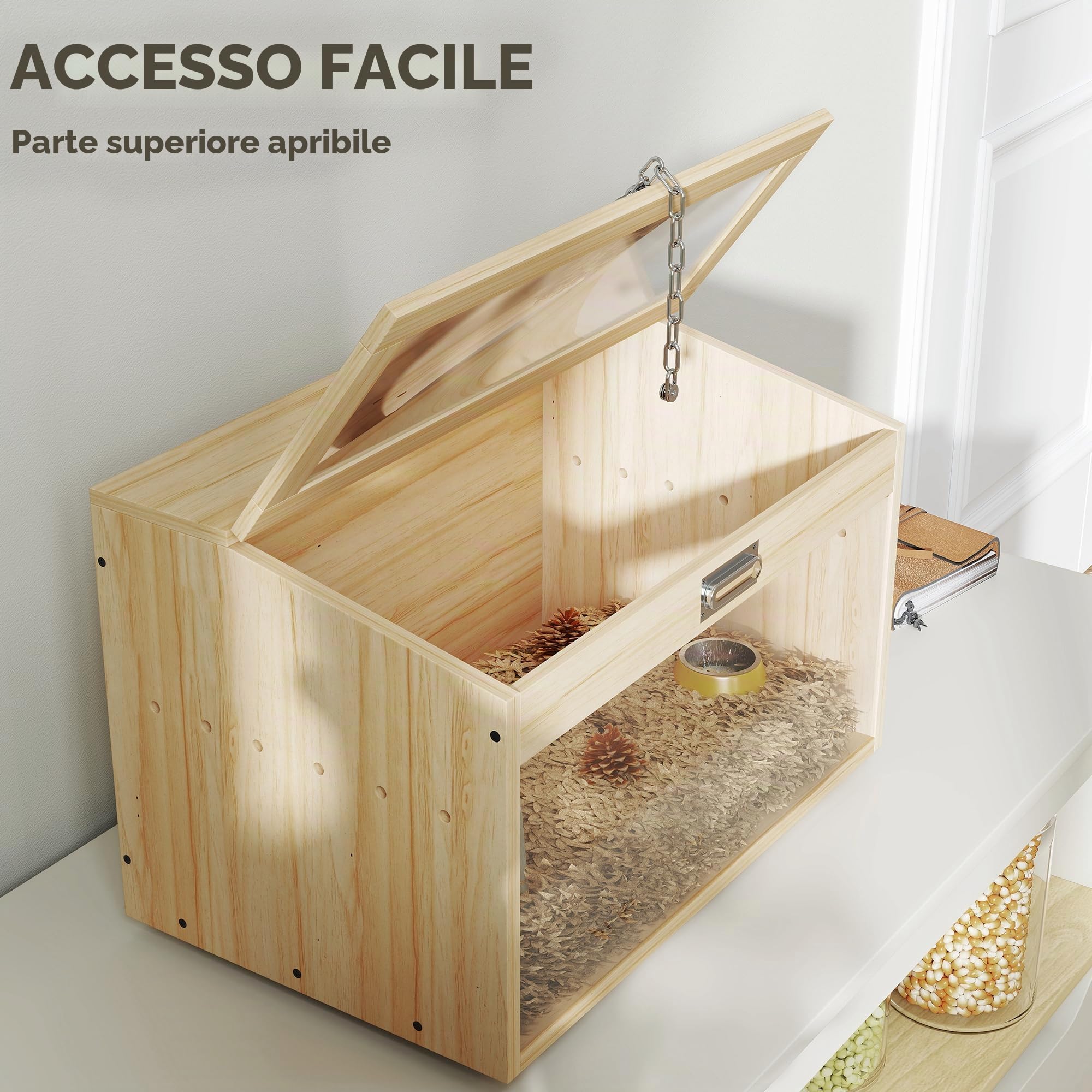 PawHut Gabbia per criceto in legno, Gabbia per topi con coperchio apribile, finestra in acrilico e fori di ventilazione per criceti nani e gerbilli, 55 x 35 x 35 cm, effetto legno naturale