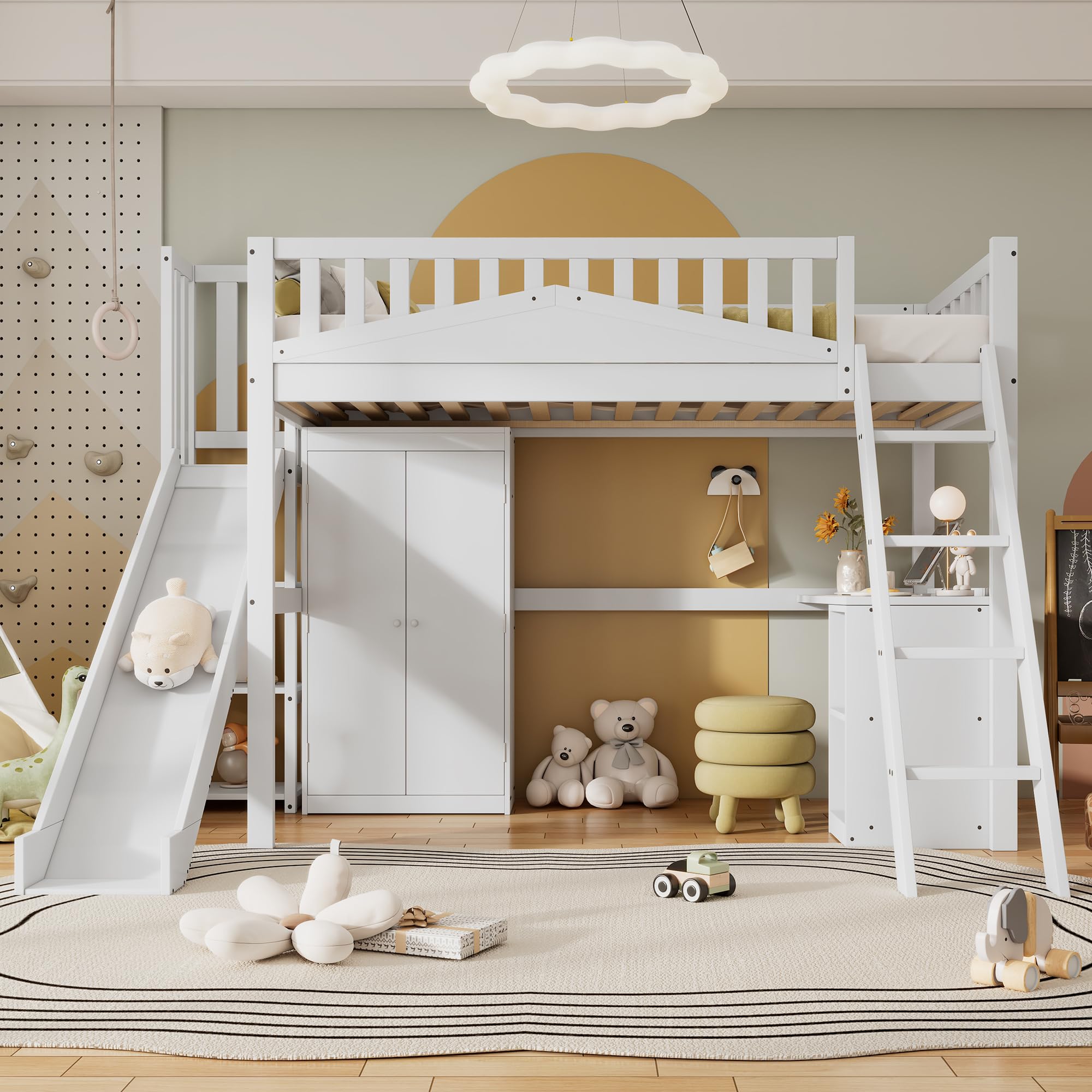 Kinderbett Etagenbett 90x200, Hochbett Hausbett mit Rutsche,Leiter,Kleiderschrank,Schreibtisch,Regale, Einzelbett Holzbett Spielbett Jugendbett mit Lattenrost&Rausfallschutz, Kiefer,Ohne Matratze,