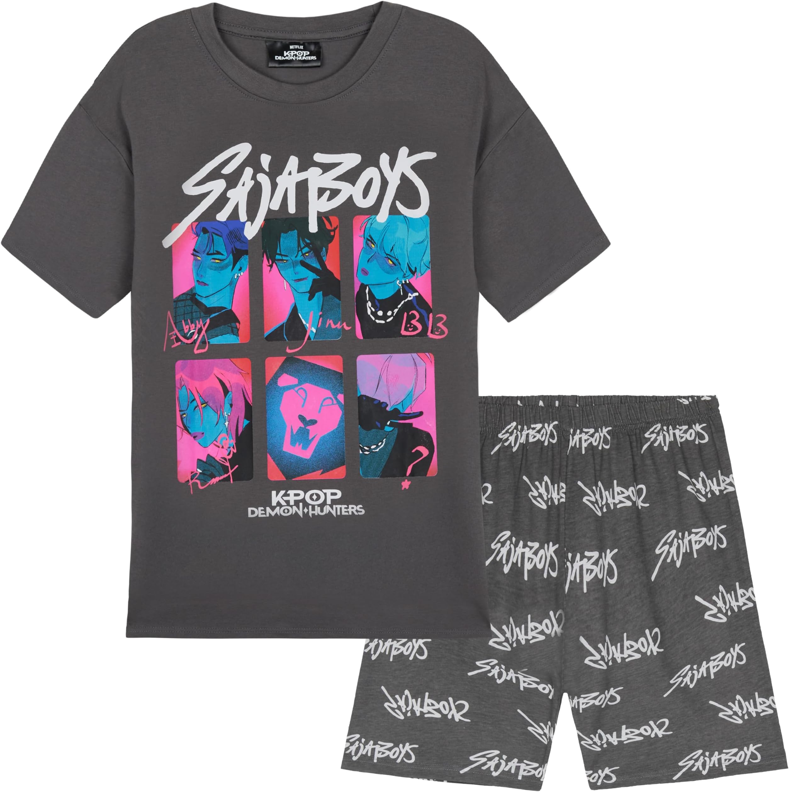Official Girls Pyjama Set 5-14 Yrs, 2 Pcs Pjs Shorts & T-shirt, Huntrix Saja Boys Derpy Tiger Merch Gifts