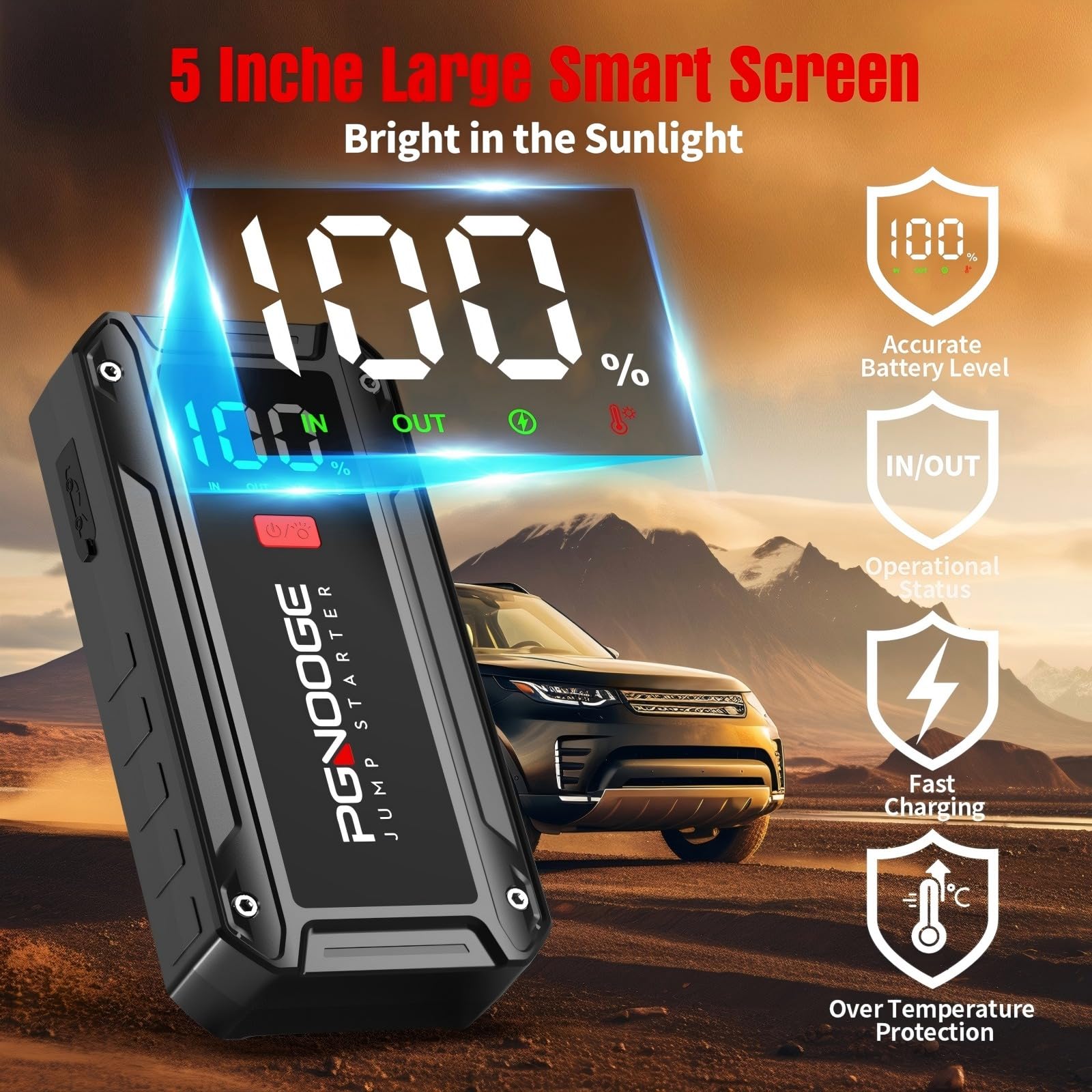 26800 mAh 6000 A Urządzenia Rozruchowe Wspomagające Akumulatory Samochodowe (do ALL benziny / 10 l oleju napędowego), Uruchamiania z Mocą i Wyjściem USB, Duży Wyświetlacz LCD
