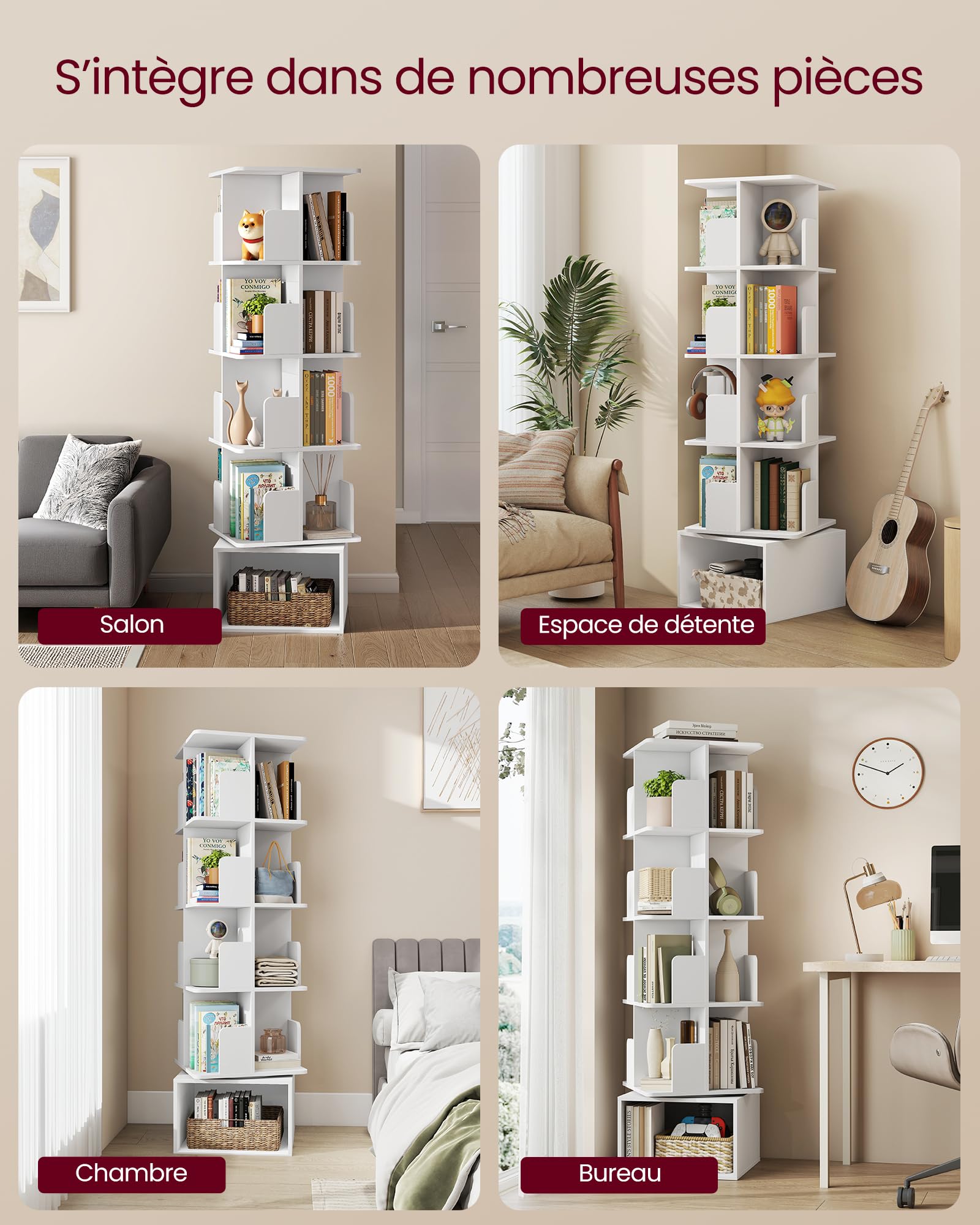 VASAGLE Custos Collection - Bibliothèque Rotative à 5 Niveaux, Bibliothèque Pivotante à 360°, avec Compartiments Ouverts, 40 x 40 x 155,8 cm, pour Chambre, Salon, Bureau, Blanc Nuage LBC472WB01