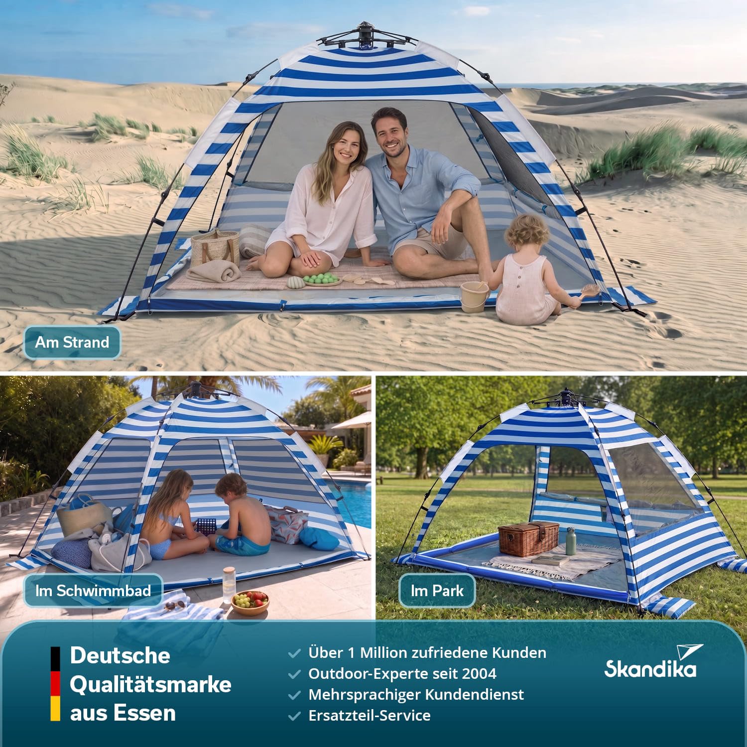 Skandika Strandmuschel Skugga Quick-Start | Strandzelt, UV-Schutz 80+, rundum verschließbar, Windschutz, Sonnenschutz, Sichtschutz, Quick-Up, Sandheringe | Strand Zelt groß für Familie, Kinder