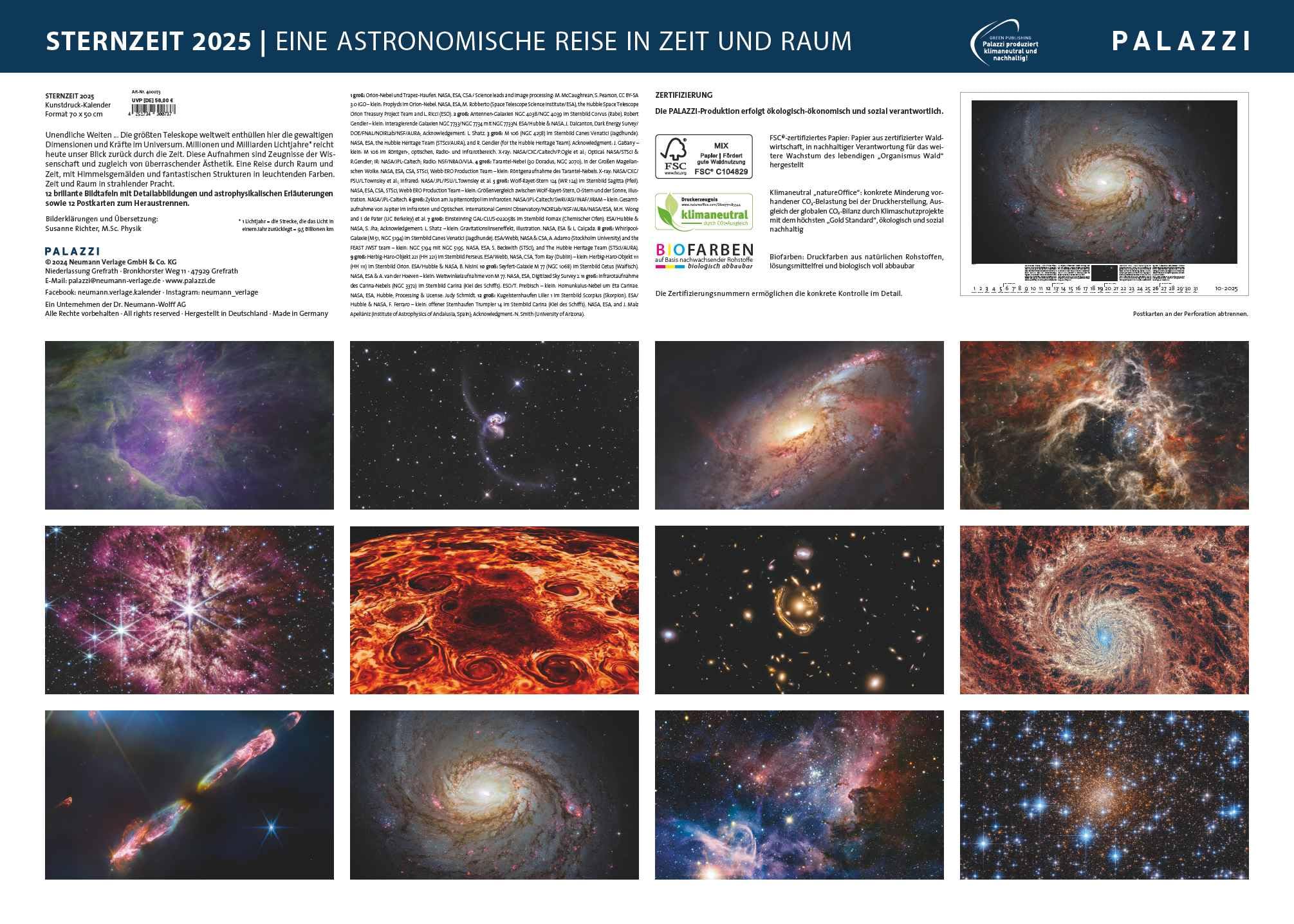 PALAZZI - Sternzeit 2025 Wandkalender, 70x50cm, Posterkalender mit brillanten Aufnahmen aus unserem Universum, eine astronomische Reise in Zeit und ... Eine astronomische Reise in Zeit und Raum