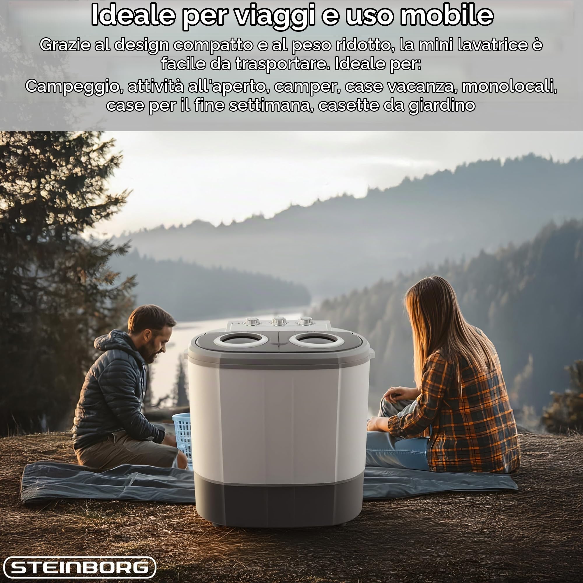 Steinborg Mini lavatrice con centrifuga, toploader a 2 scomparti, capacità di lavaggio fino a 3 kg, borsa centrifuga fino a 1 kg, lavatrice compatta, ideale per campeggio, viaggi e piccole famiglie