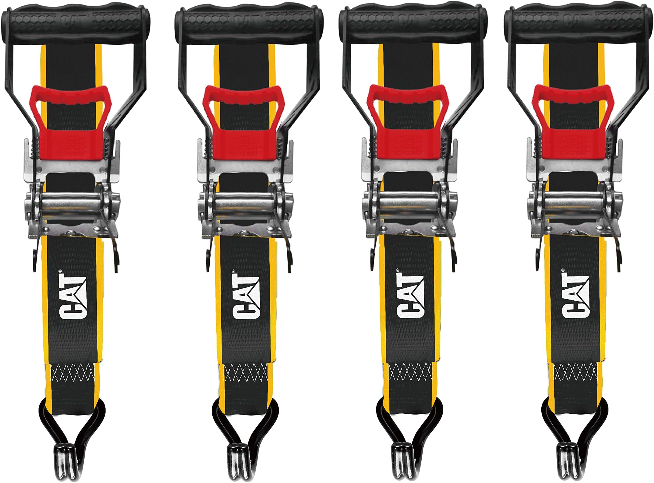 Cat Ratcheting Tie Down 4 Piece Strap Set, Ratchet Straps, 1,100 Pound Work Strength; 3,300 Pound Break Strength, Moving, Cargo, Heavy Duty Utility Tie Downs - Black Yellow 9807687E