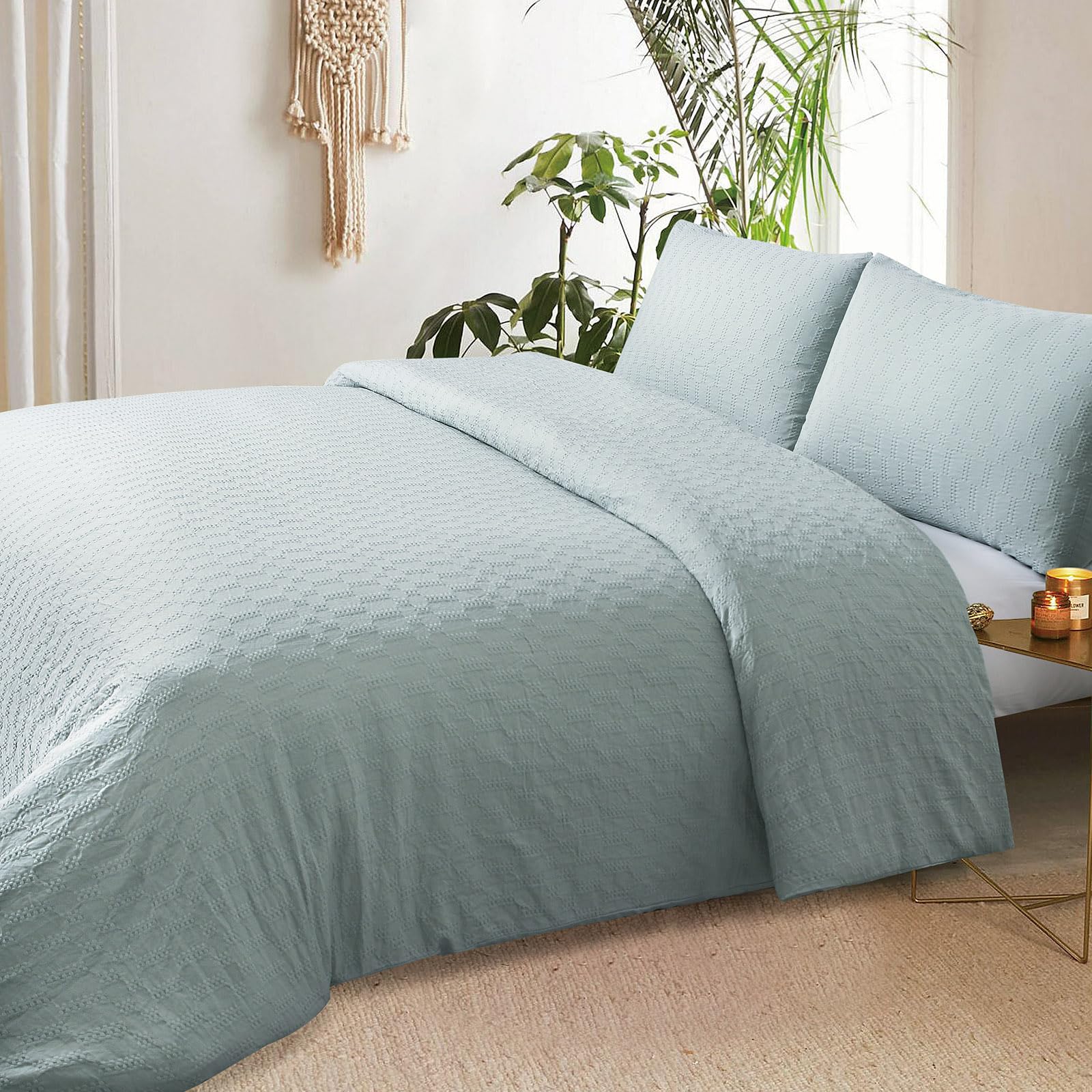 Chlophy Sage Green Duvet Cover King Waffle Duck Egg Green Textured Waffle Weave Knit Luxury Geometric Bedding Set Farmhouse Hotel Washed Microfiber 230x220 Soft Quilt Cover - Image 2