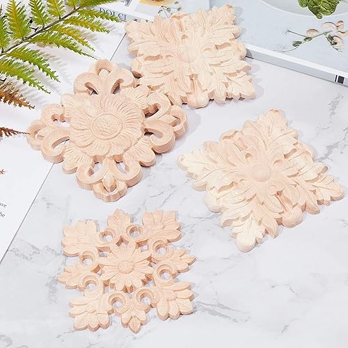 Miniatura 6 de SUPERFINDINGS 2 piezas de 5.9 pulgadas cuadradas de madera maciza natural tallada onlay apliques artesanales sin pintar para muebles puerta gabinete