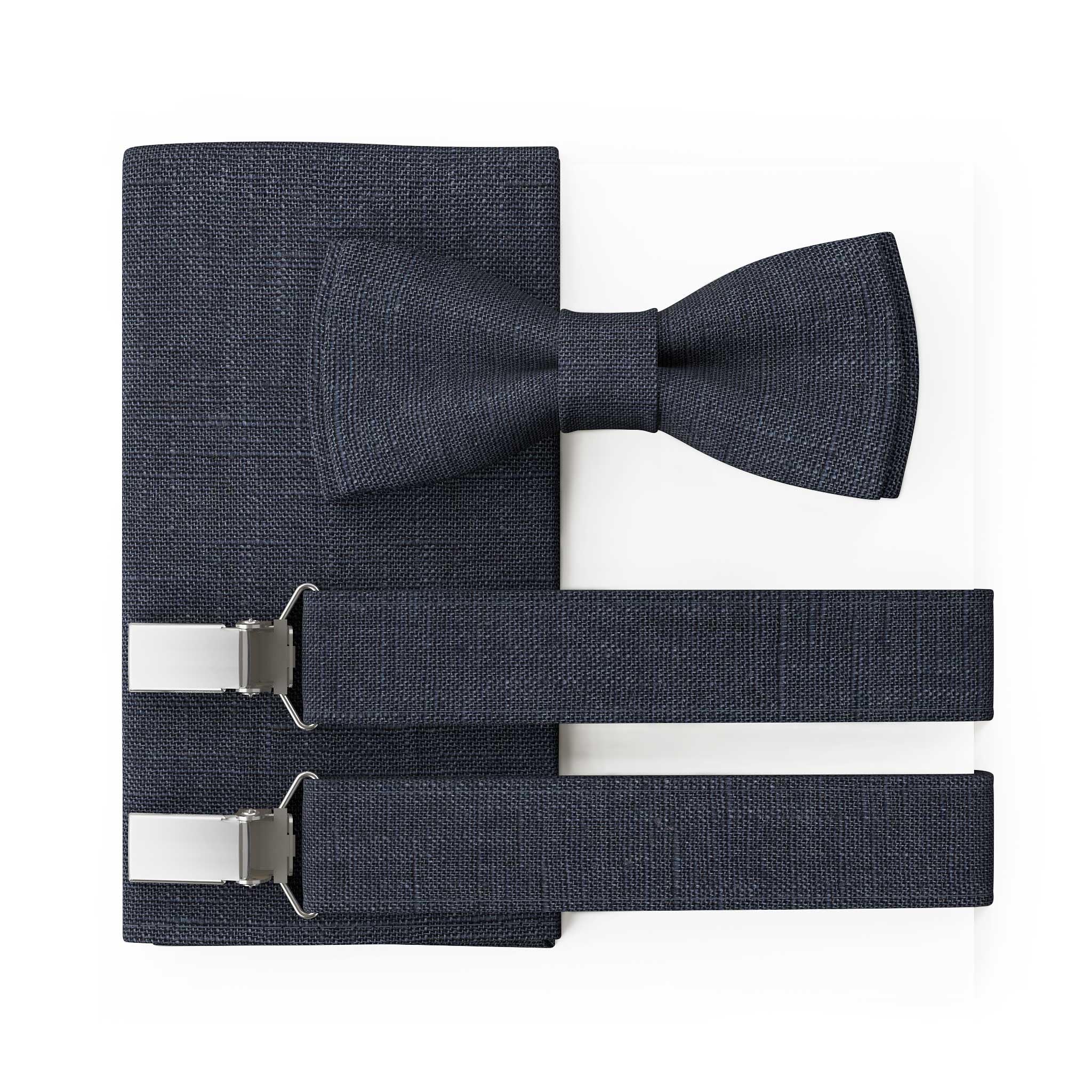 Papillon da Uomo in Lino | Blu Scuro | Papillon da Matrimonio Vegano Pre-annodato | Opzionale con Fazzoletto da Taschino & Bretelle | Large Batwing | Fatto a Mano in Germania