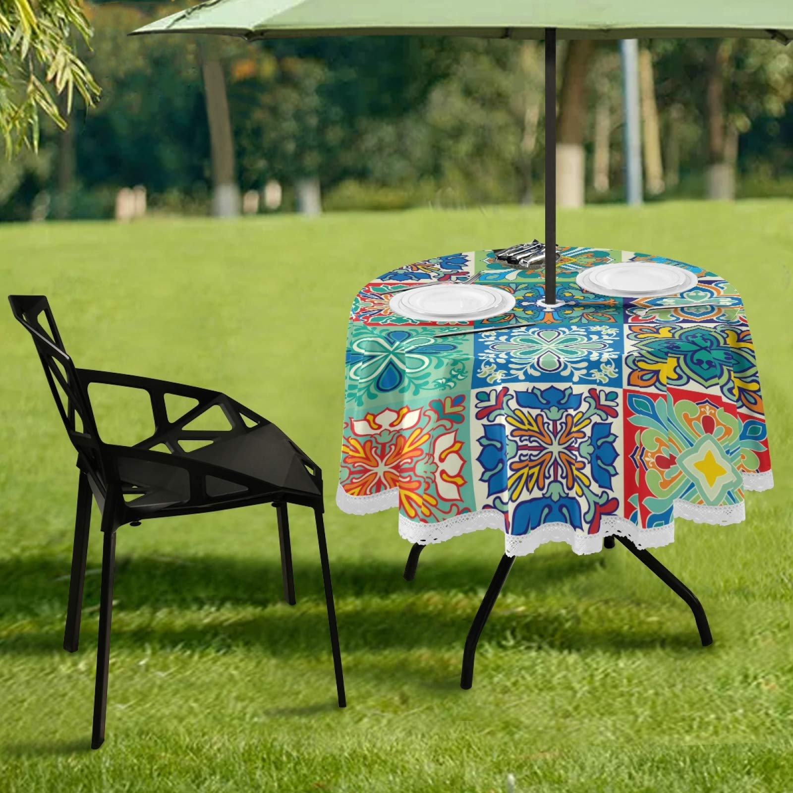Qilmy Tovaglia rotonda impermeabile con foro per ombrellone e cerniera per esterni, 152 cm, per feste in giardino, barbecue, decorazione