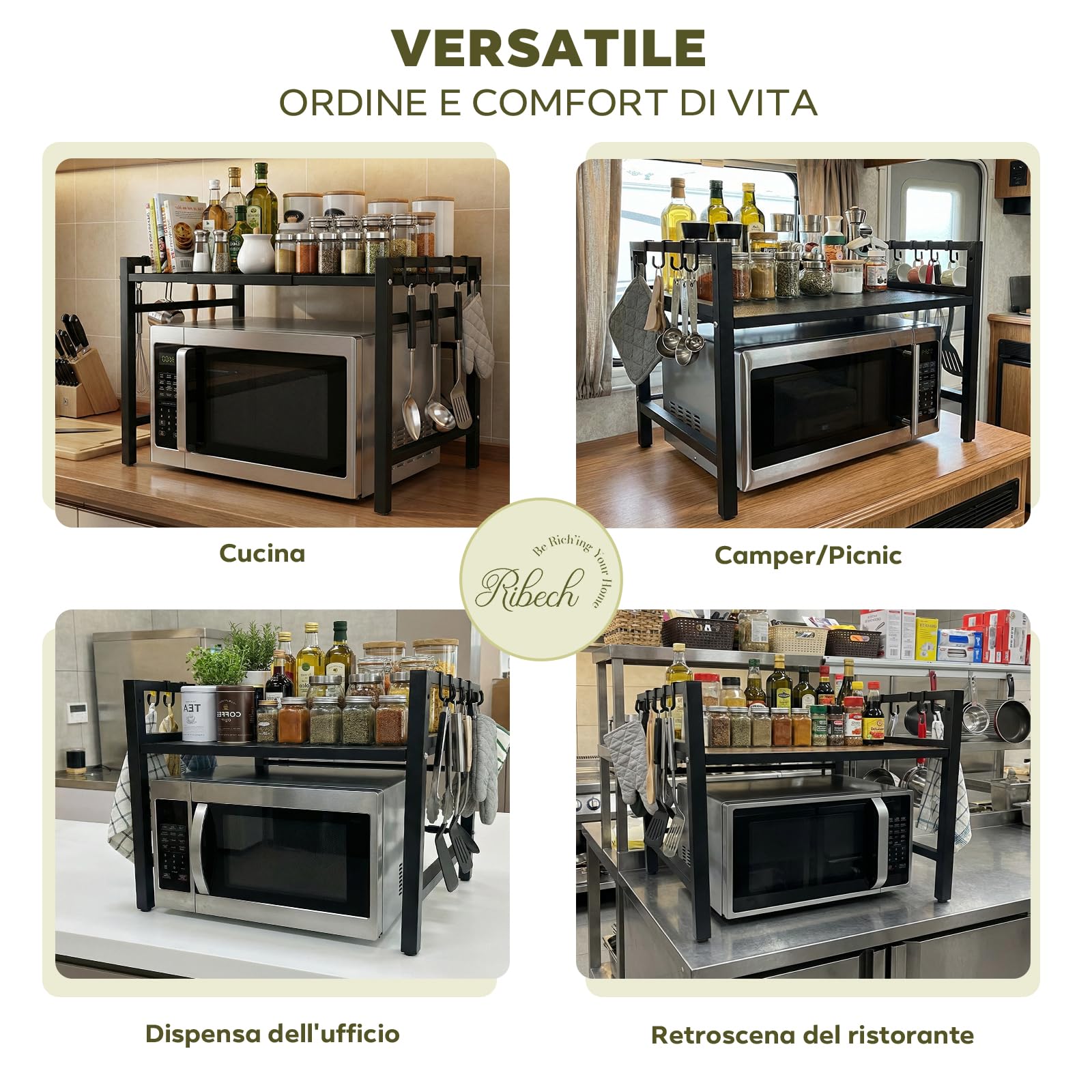 Supporto Regolabile per Microonde e Forno – Ripiani per Elettrodomestici da Cucina, con 8 Ganci per Spezie & Utensili, Antiruggine, Nero