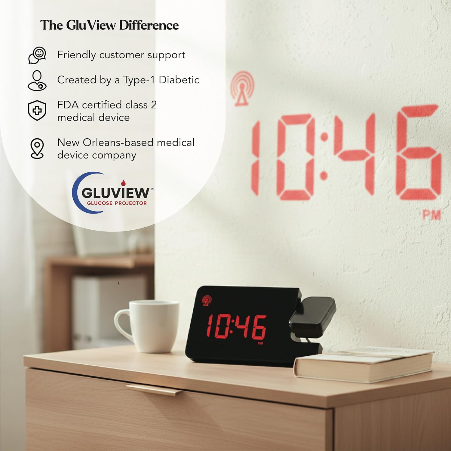 Gluview Glucose Projector Clock for Diabetes | FDA Cleared Continuous Glucose Monitor Display for Dexcom & Libre | Nighttime Glucose Tracking, Sleep-Friendly Display, Real-Time CGM Data Projection