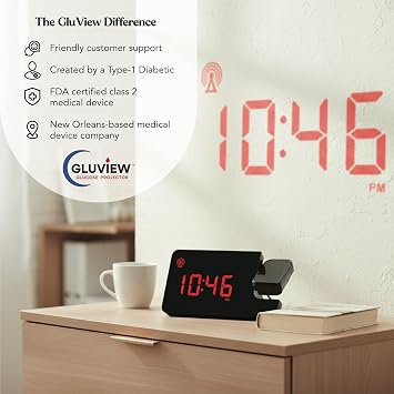 Gluview Glucose Projector Clock for Diabetes | FDA Cleared Continuous Glucose Monitor Display for Dexcom & Libre | Nighttime Glucose Tracking, Sleep-Friendly Display, Real-Time CGM Data Projection