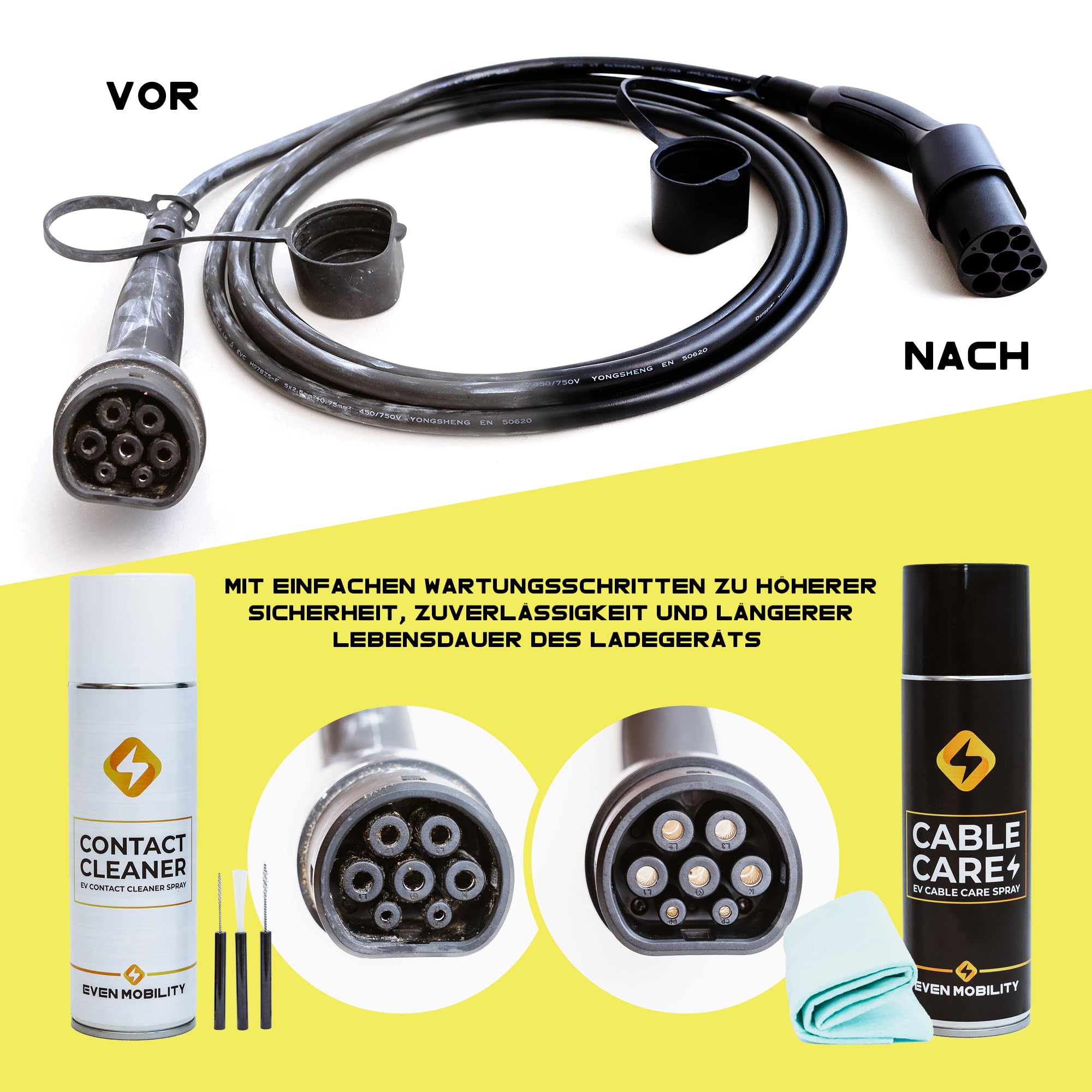 Kit de Nettoyage pour câble de Charge VE et connecteur Type 2 Spray d'entretien des CÂBLES, Spray DE Nettoyage des Contacts, Brosse en Nylon, Chiffon en Microfibre
