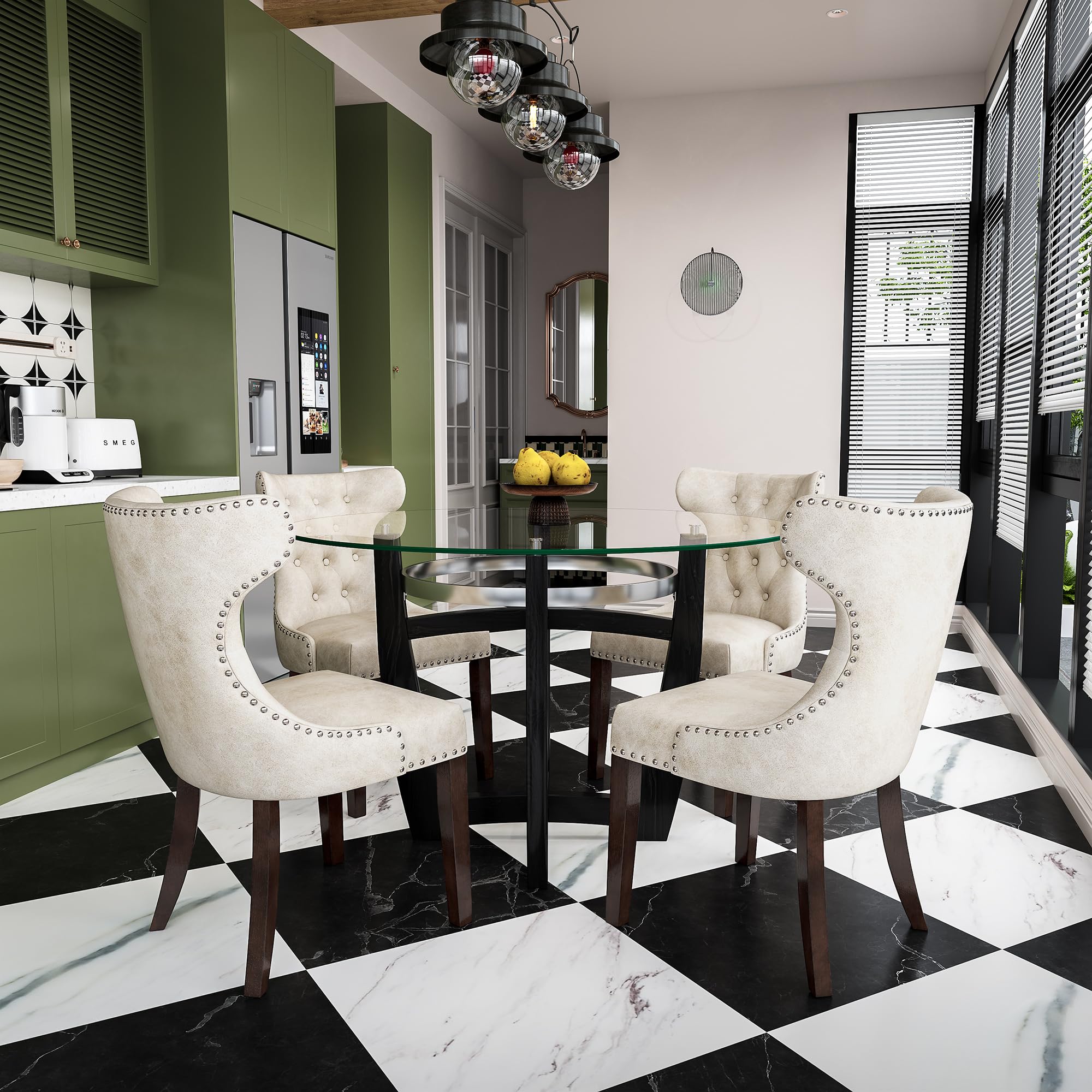 PADMA HOUSE Tempered Glass Dining Table Chair Set with 4 High-end Button-Tufted Leather Dining Room Chairs 48" Round Kitchen Table with Glasstop and 4
