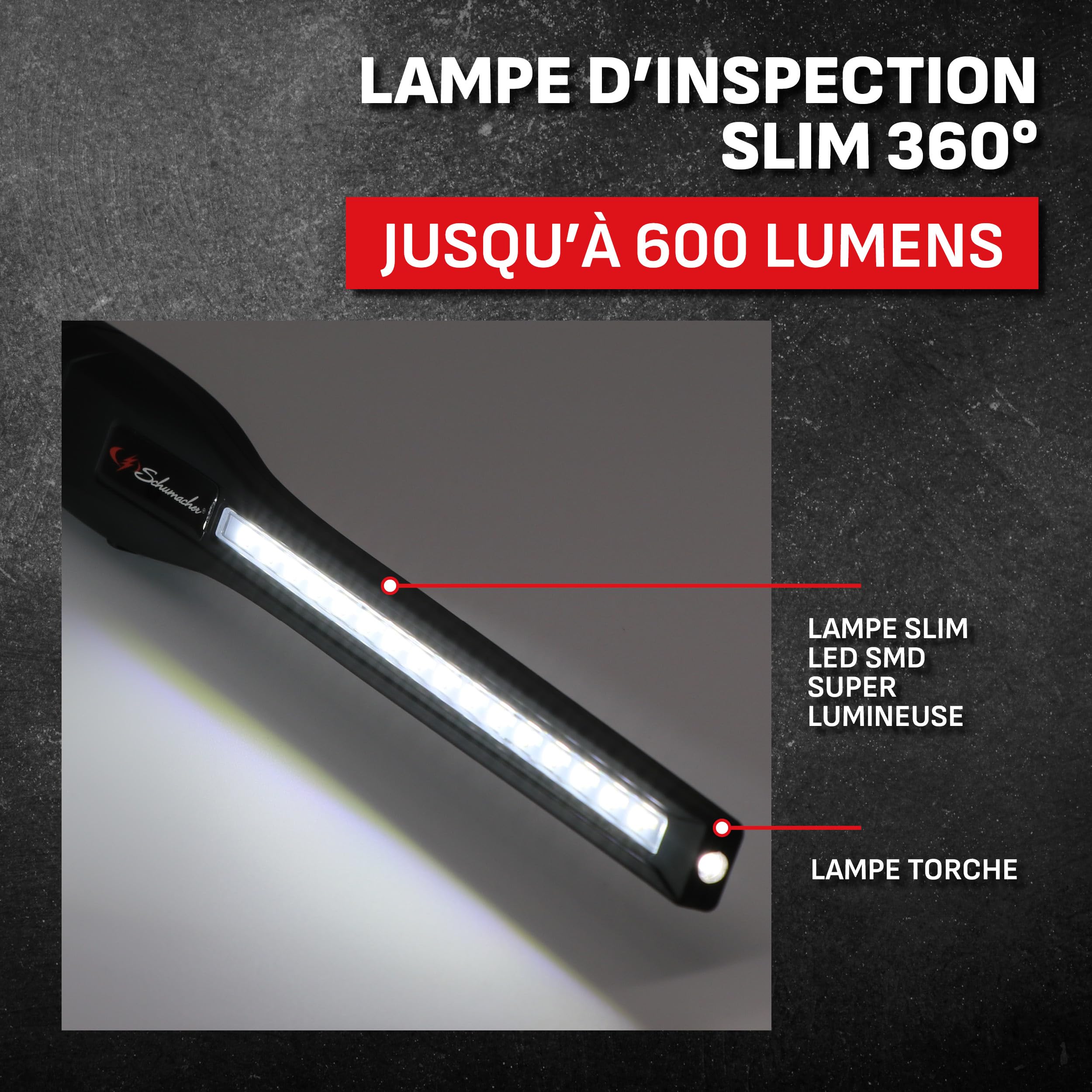 Schumacher SL184 Lampe de Travail Électrique Slim - Éclairage Directionnel Ultra Brillant, Pivotant et Inclinable à 360° - Variateur d'Intensité - Batterie Rechargeable Lithium-ION 2600mAh - Noire | Pivotant et Inclinable à 360°, Variateur, Batterie Lithi
