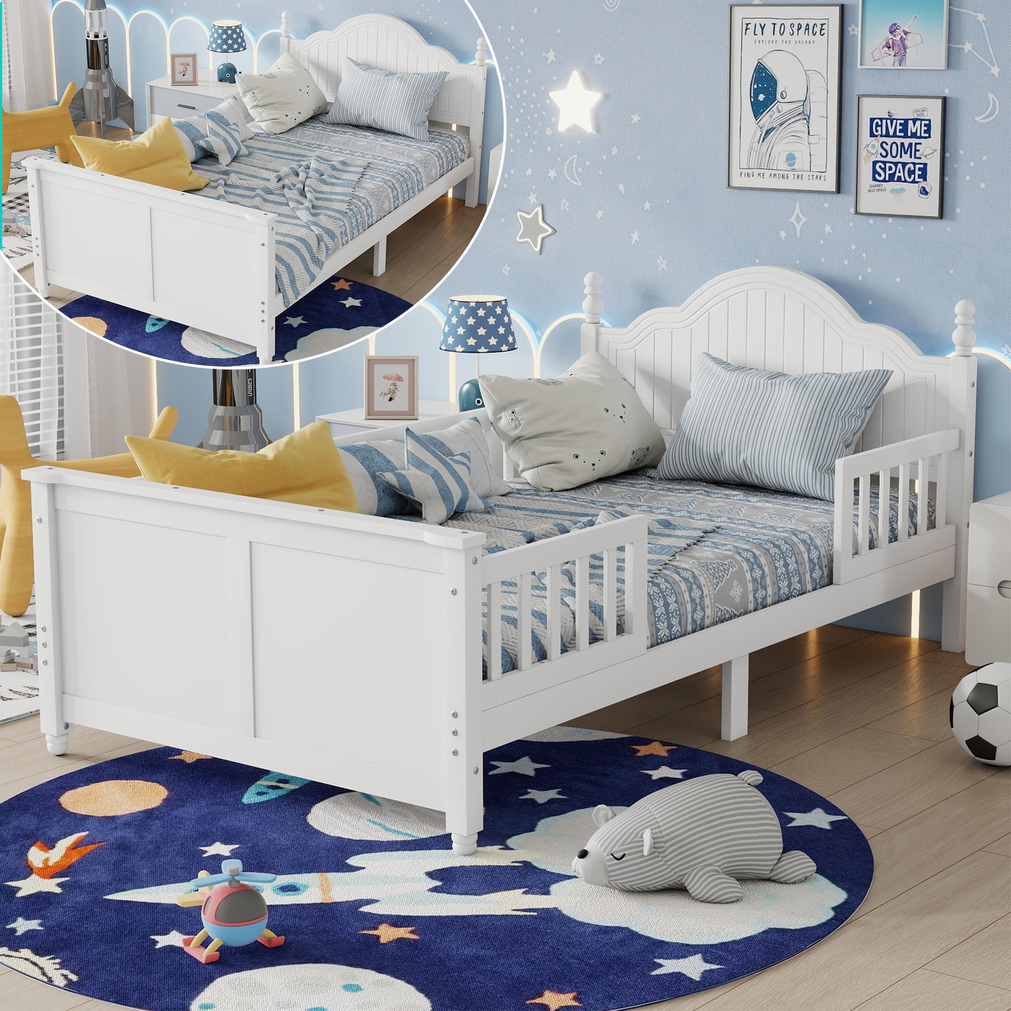 Mirightone Kids Twin Size Bed Frame with Detachable Rails, Low Platform Bed with Headboard and Footboard, White