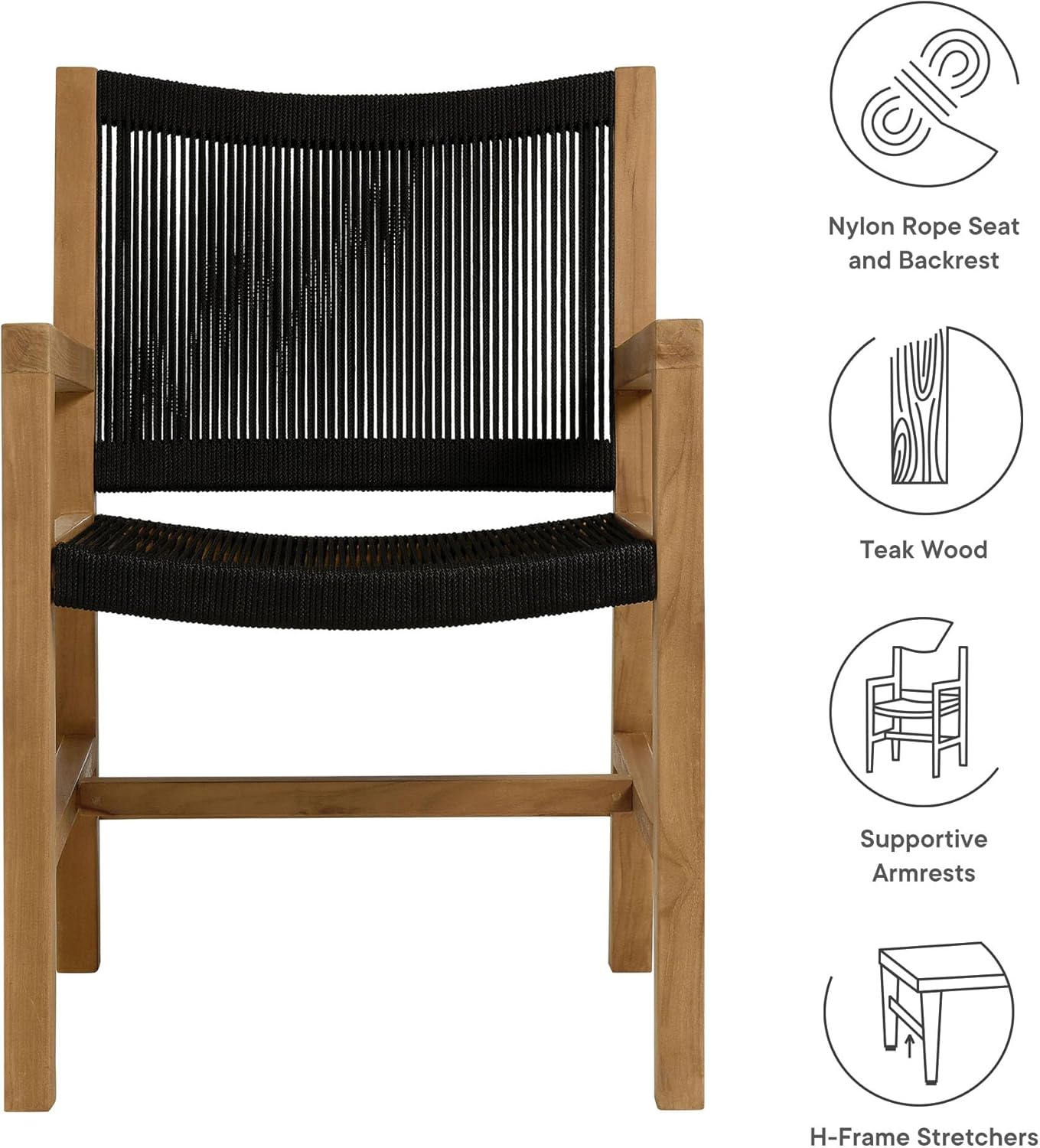 Modway Vienna Outdoor Patio Teak Wood Dining Armchairs Set of 2 in Natural Black – Woven Rope Teak Accent Patio Chairs with Armrests – Weather-Resistant Deck Chairs for Backyard, Porch