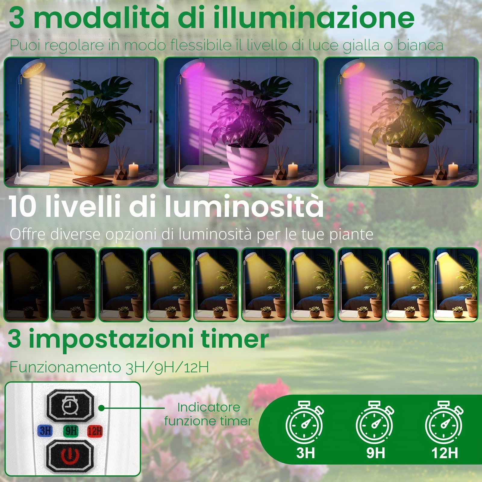 Lampada per Piante, Luce a LED per Piante da Interno 3050K con Timer 3/9/12H, 10 Livelli di Luminosità, 3 Modalità di Luce, per Lampada di Crescita a Spettro Completo di Piccole Piantes(Bianca)