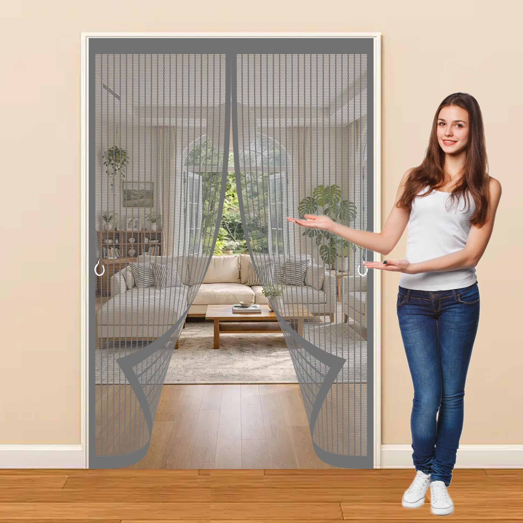Magnetic Door Curtains Fly Screen 71 x 218 cm with Powerful Magnets & Full Frame Magic Tape, Keep Bugs Out & Lets Fresh Air in Magnetic Fly Screen Doors for Patio Doors Bedroom, Grey