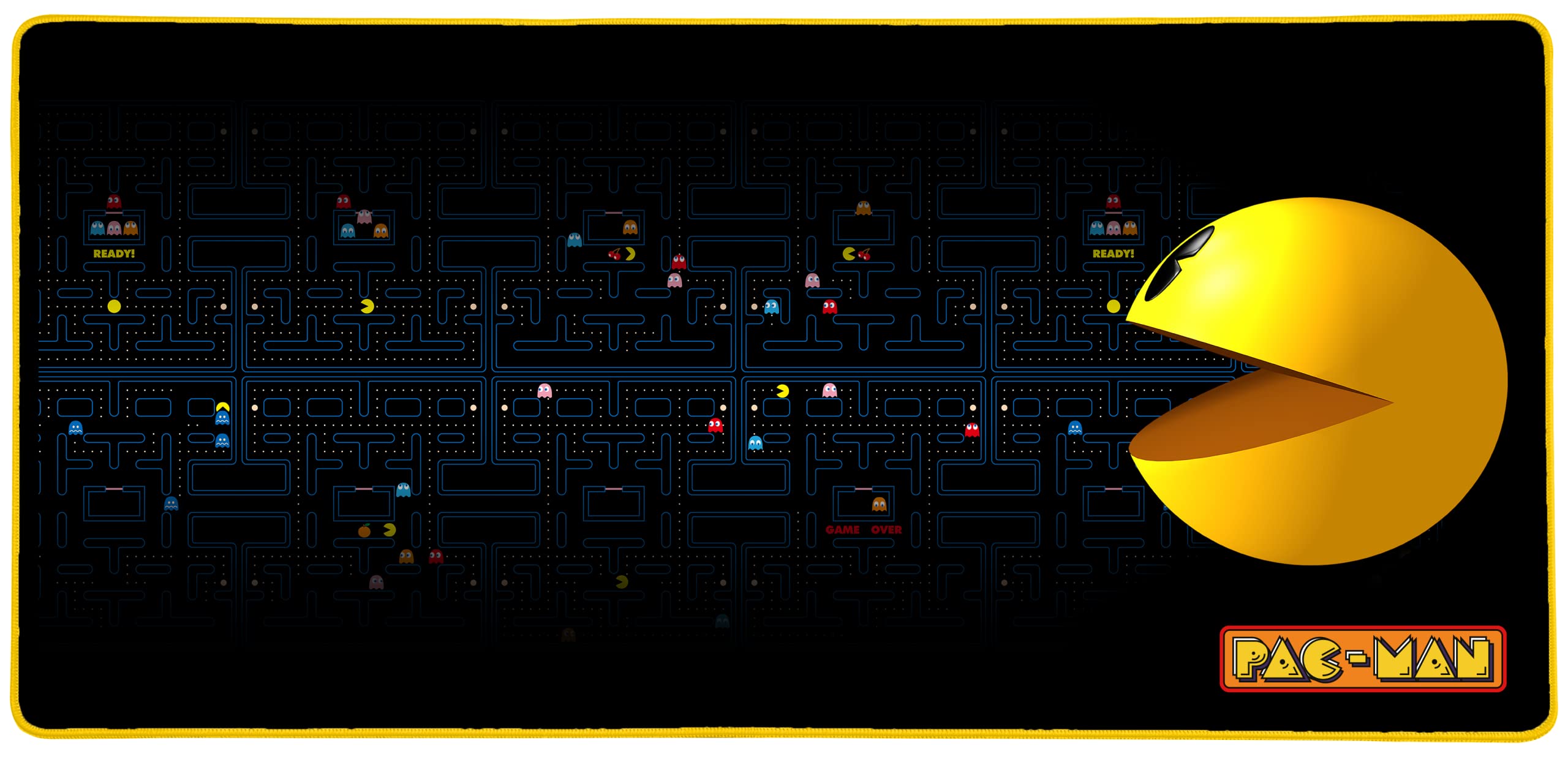Konix Tappetino per mouse da gioco Pac-Man XXL 90 x 46 cm - Base in gomma antiscivolo - nero e giallo