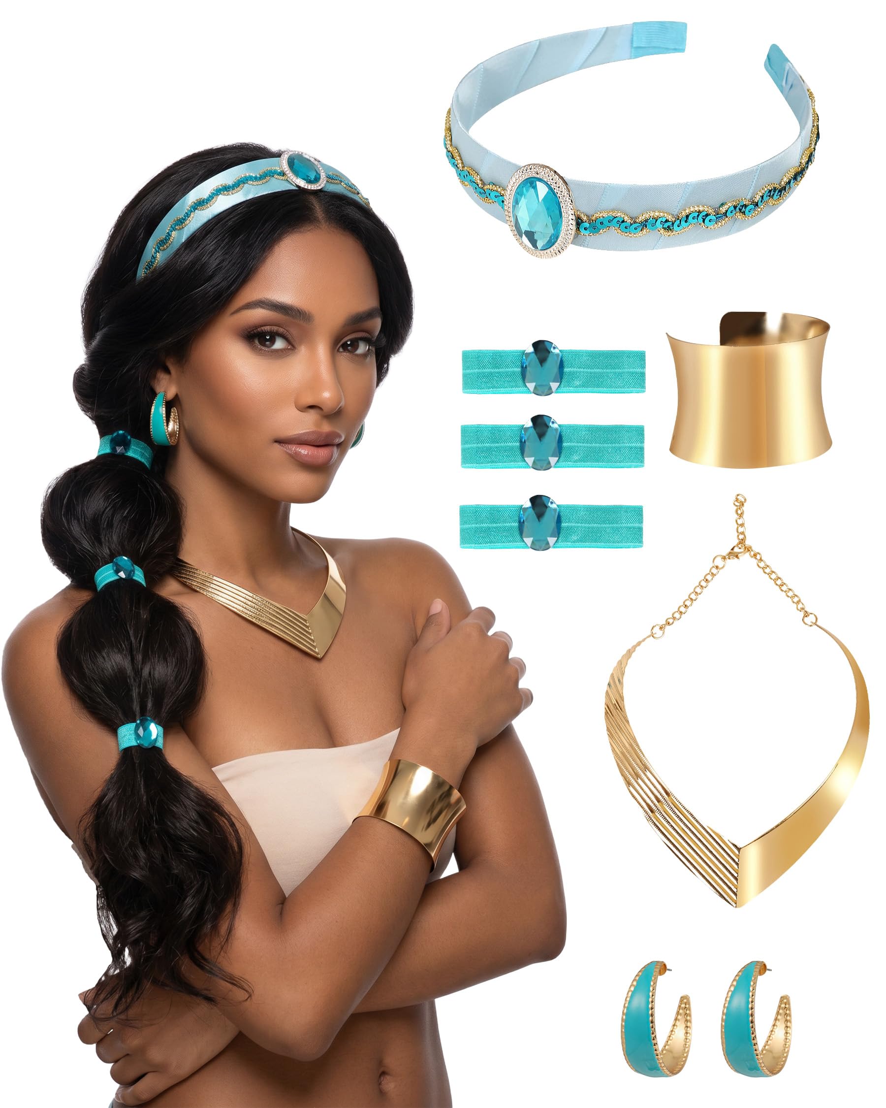 5 Piece Arabian Princess Accessory Set for Women, Exotic Gold and Teal Jewelry Kit for Halloween Cosplay