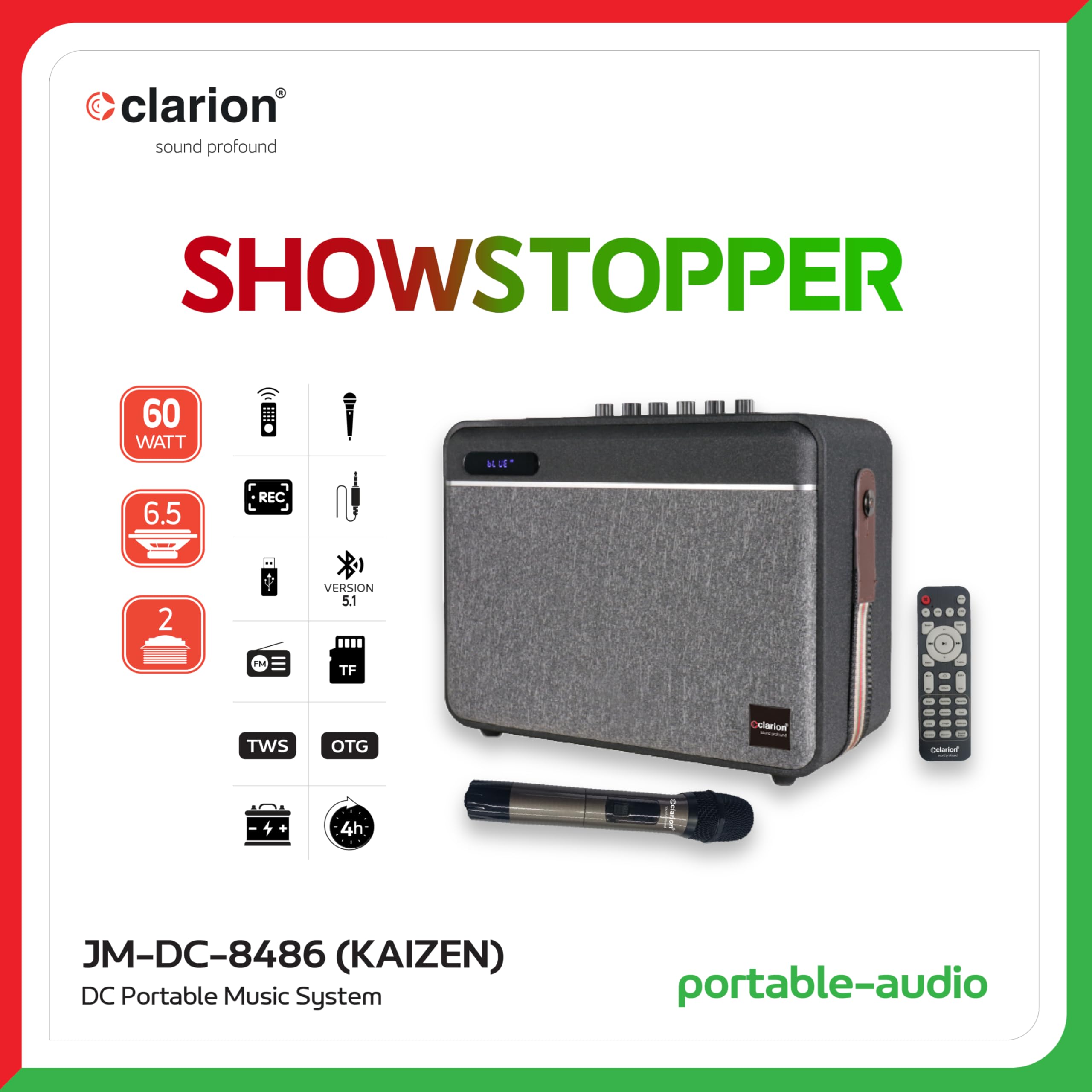 Clarion Kaizen Karaoke Boom Box 60w Rms Portable Bluetooth Party