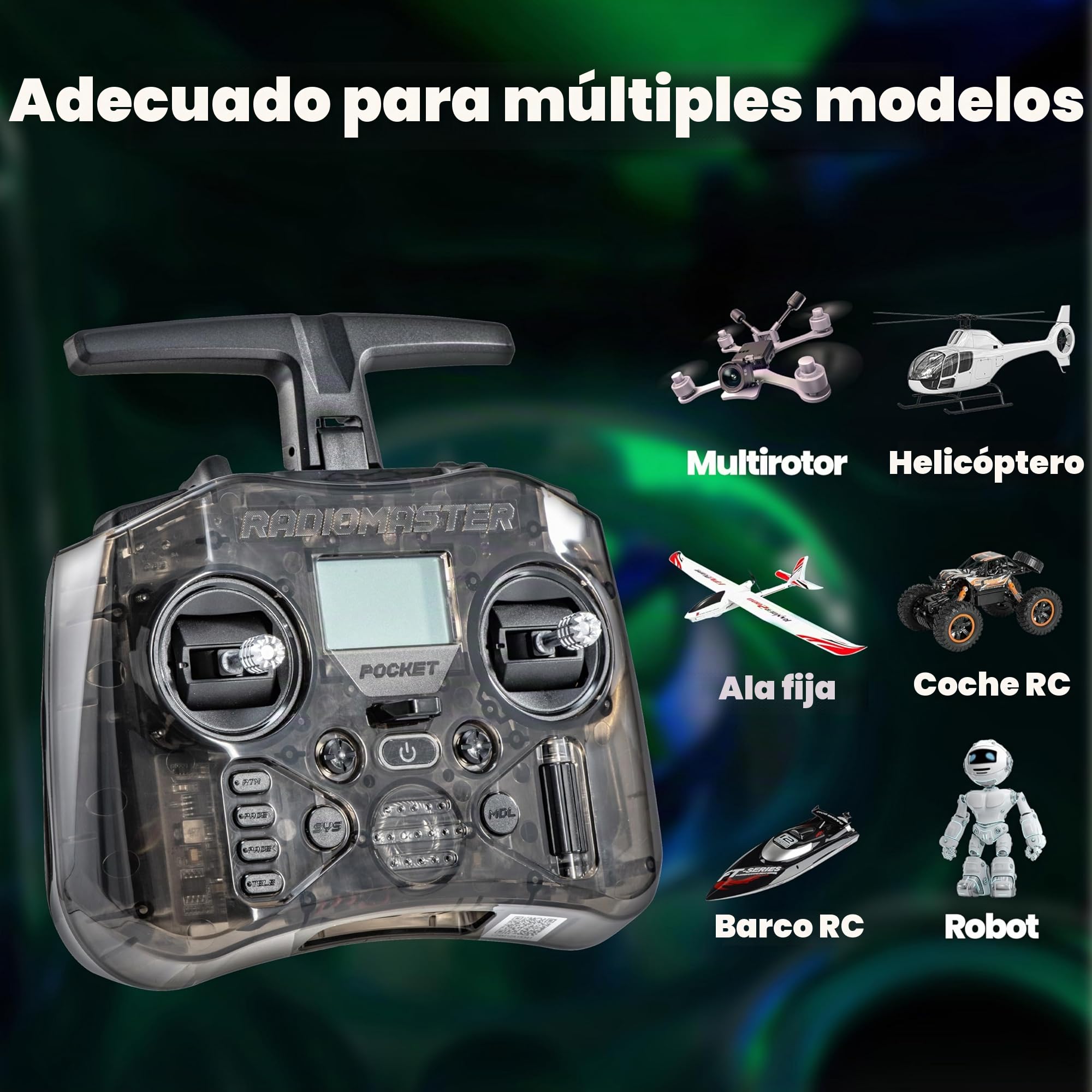 RadioMaster Pocket Controlador ELRS, Mando RC con Gimbal Hall, EdgeTX, LED, Antena Plegable para Dron FPV/Helicóptero/Barco/Multirotor (Batería No Incluida)