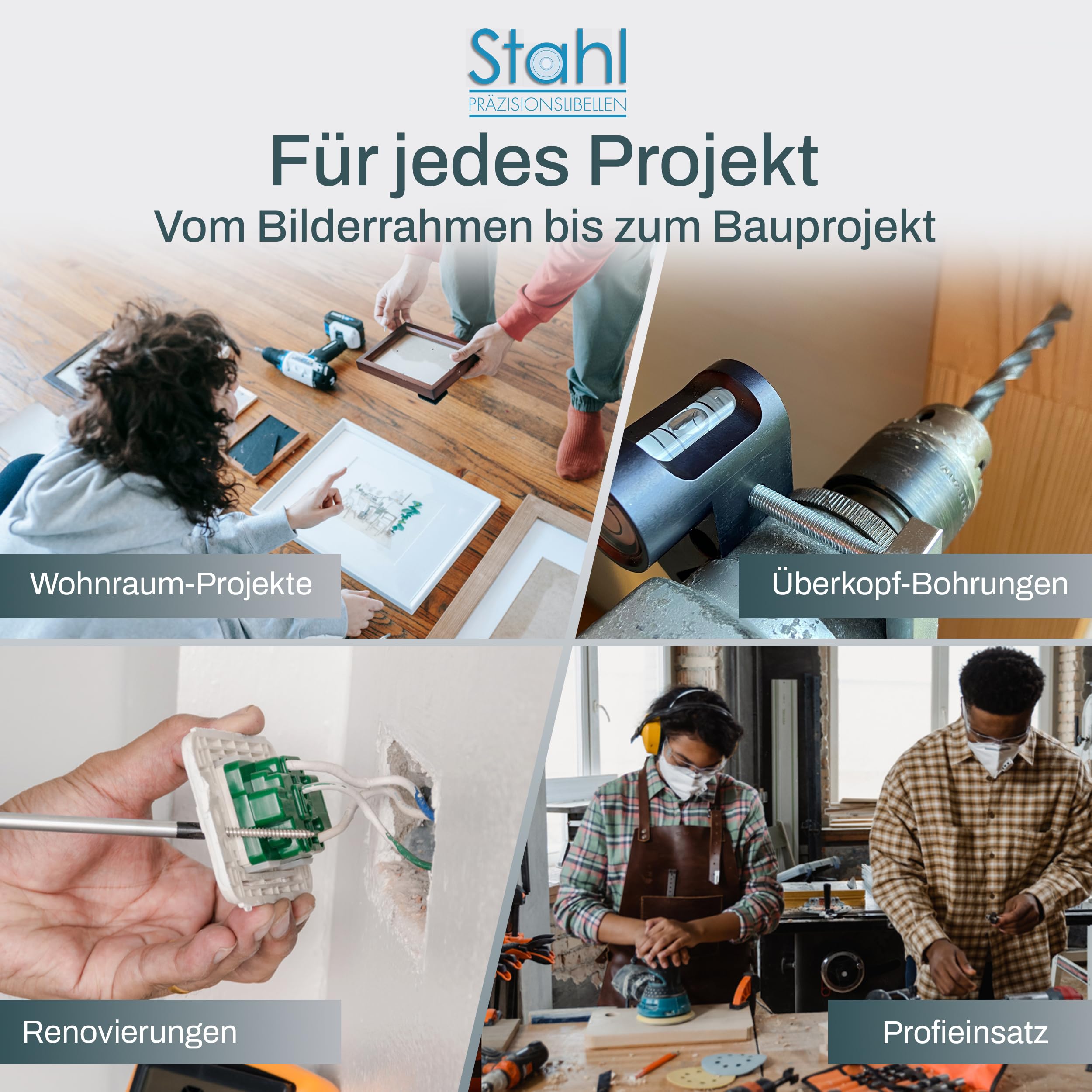 Bohrmaschinen Wasserwaage – für exakte Bohrlöcher – Bohrmaschinen-Wasserwaage mit Rund- & Längslibelle für Bohrmaschine – Made in Germany