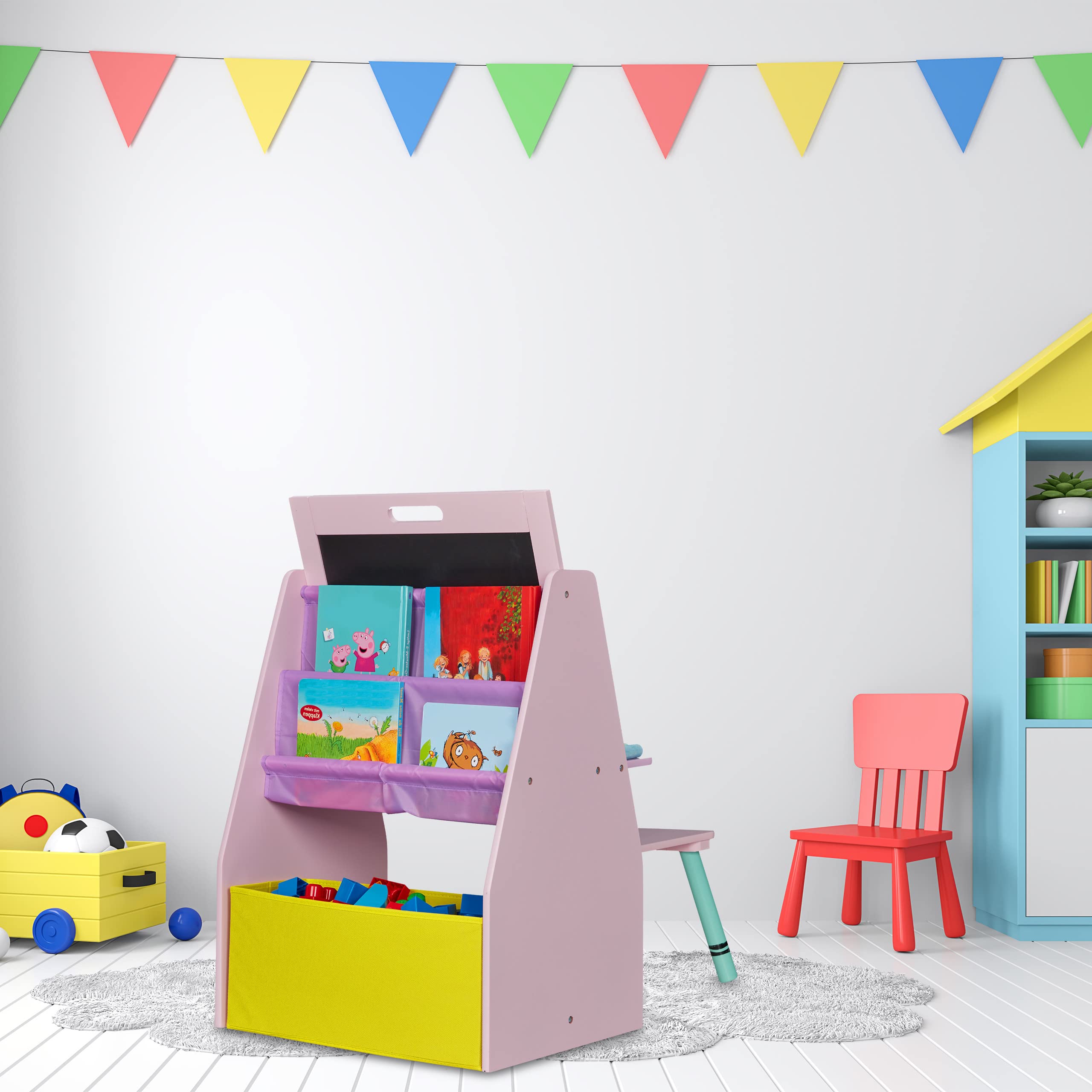 Relaxdays Estantería Infanftil con Pizarra y Taburete, Estante con 2 Compartimentos y 1 Caja de Tela, 84x52x45 cm, Rosa