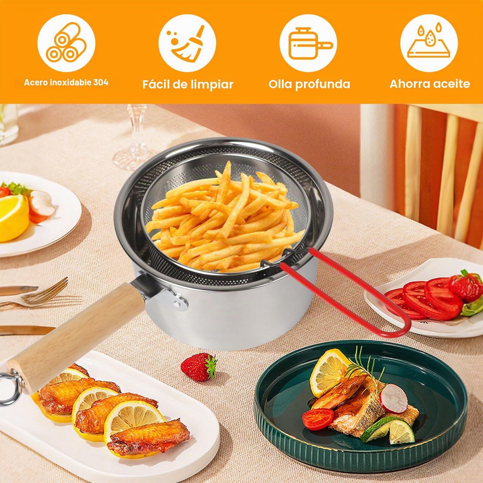 Olla Freidora con Cestillo, Pequeño Olla para Freír 20cm de Acero Inoxidable de 2.5L, Freidora con Filtro Aceite 2 en 1, Colador de Grasa con Tapa y Clip para Alas de Pollo, Mariscos, Patatas Fritas