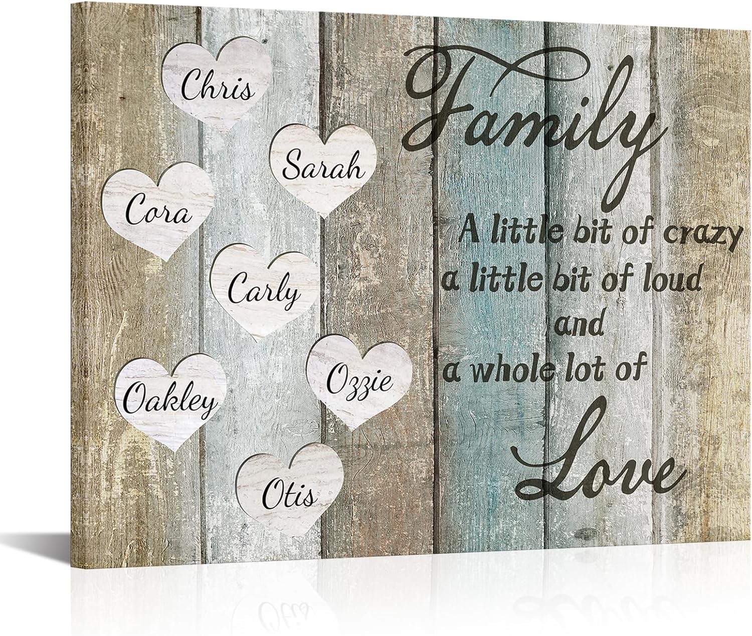 iLOOKLiKE Personalized Family Name Canvas Wall Art 'A Little Bit of Crazy, A Little Bit of Loud, A Lot of Love' Quote Custom Multi-Name Poster Giclee Prints for Home Decor Living Room Gift
