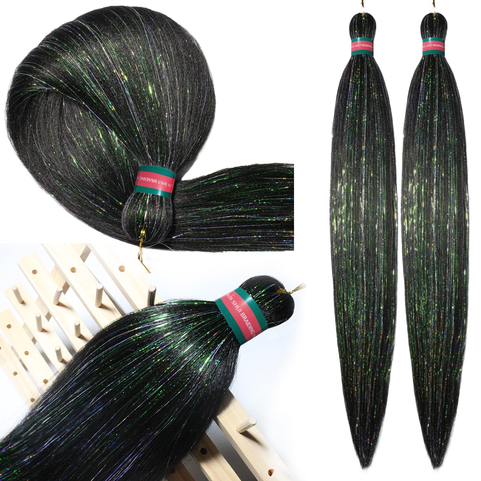 RUN SHUI Black Mix Tinsel Pre stretched Braiding Hair 2 Packs Pre feathered Braid Hair Extensions 30 Inches Hair Braids