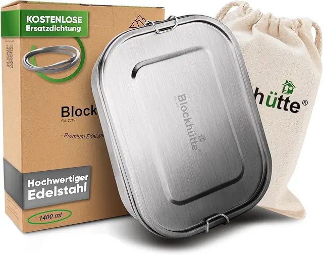 Blockhütte Edelstahl Brotdose 1400ml - Auslaufsichere Metall Brotdose für Kinder & Erwachsene