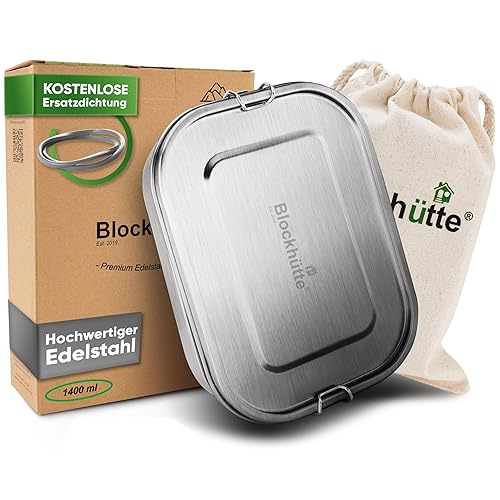 Blockhütte Premium Edelstahl Brotdose I 1400ml I Inkl Austauschdichtung und 2x Trennwand I Die verbesserte Lunchbox ist auslaufsicher und kinderleicht zu Reinigen I Für Kinder und Erwachsene