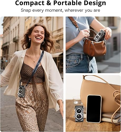 Miniatura 5 de Mini cámara digital retro, portátil estilo vintage TLR, enfoque automático, apuntar y disparar, cámara compacta de viaje de 12 MP 1080P con tarjeta