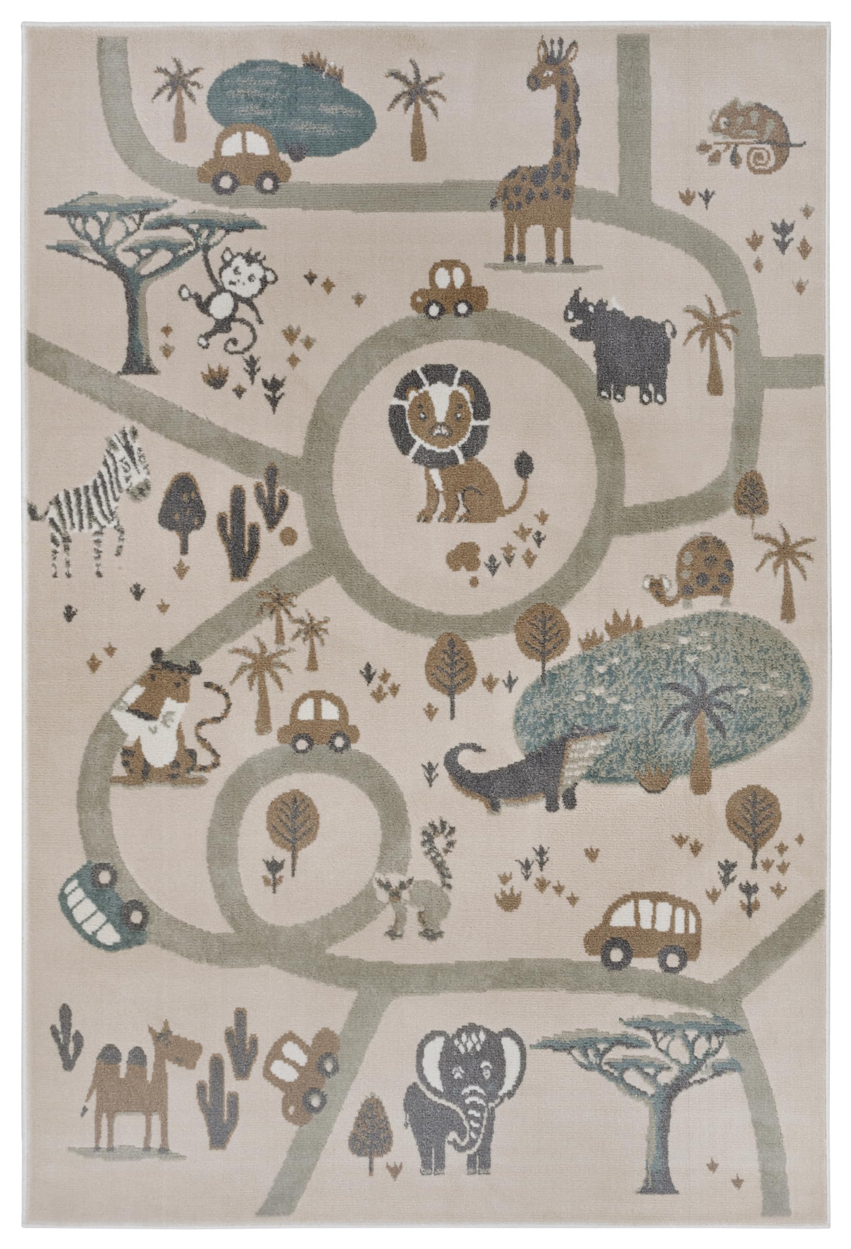 Hanse Home Adventures Kinderteppich - Tier Dschungel Spielteppich Straße Straßenteppich Teppich Junge Mädchen für Kinderzimmer, Jugendzimmer, Wohnzimmer - Creme Braun Grau, 160x235cm