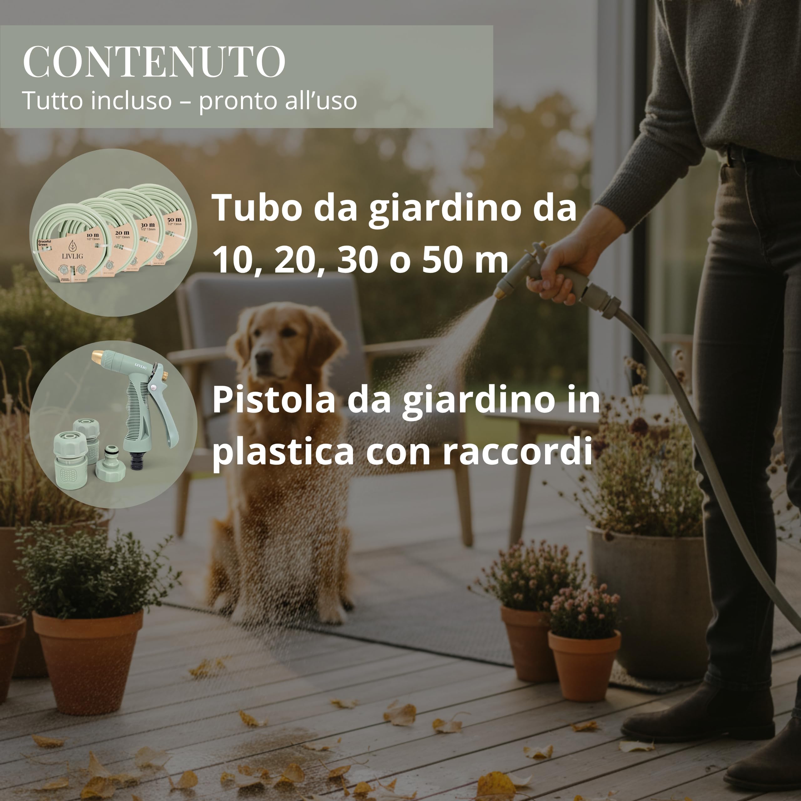 LIVLIG Set tubo 30 m 1/2" – tubo anti‑piegatura e UV con pistola e raccordi (G3/4, stop 1/2, rapido) – Verde