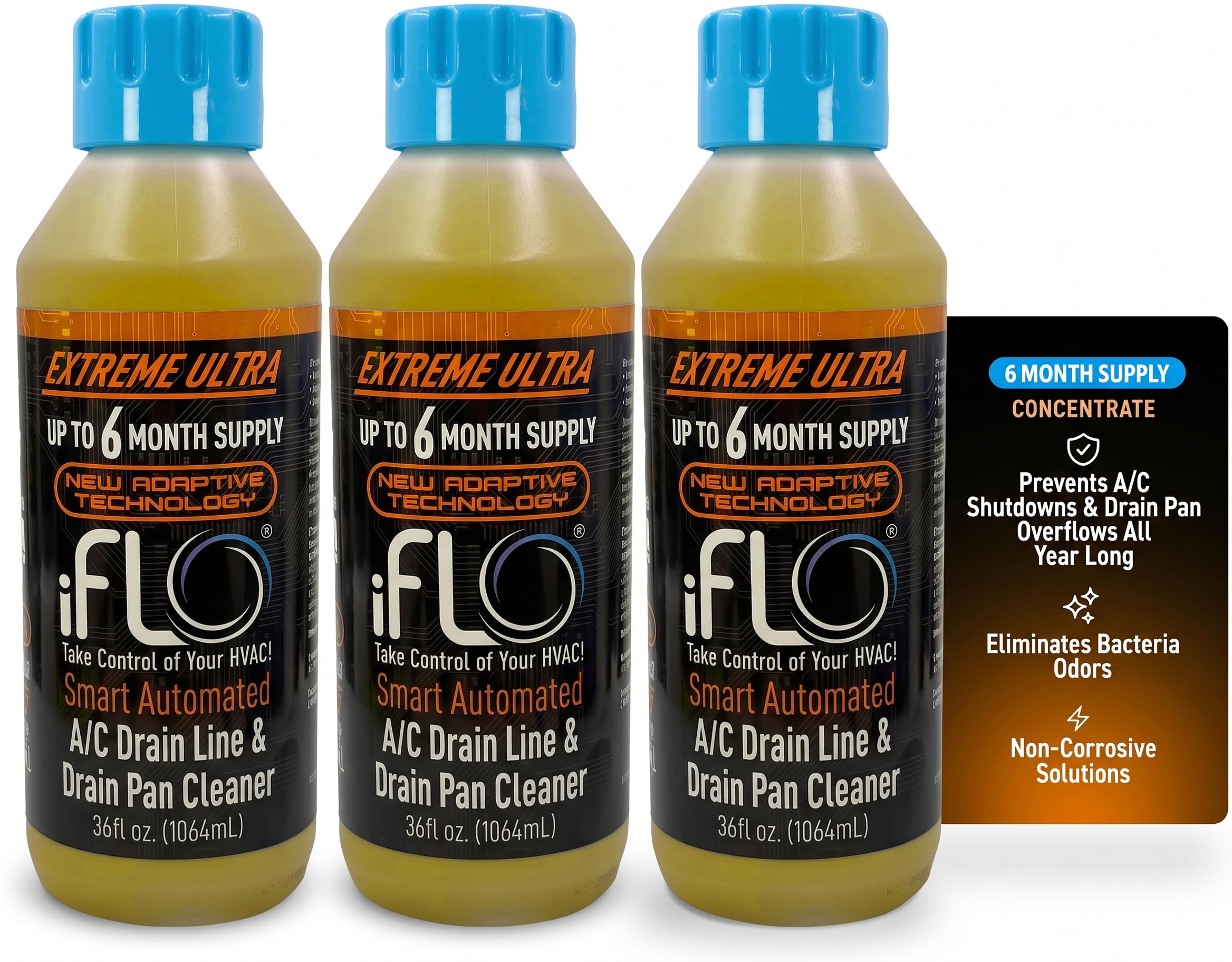 iFLO Smart AC Drain Line Cleaner Cartridge, 6 Month Supply (3 Pack of 36oz)