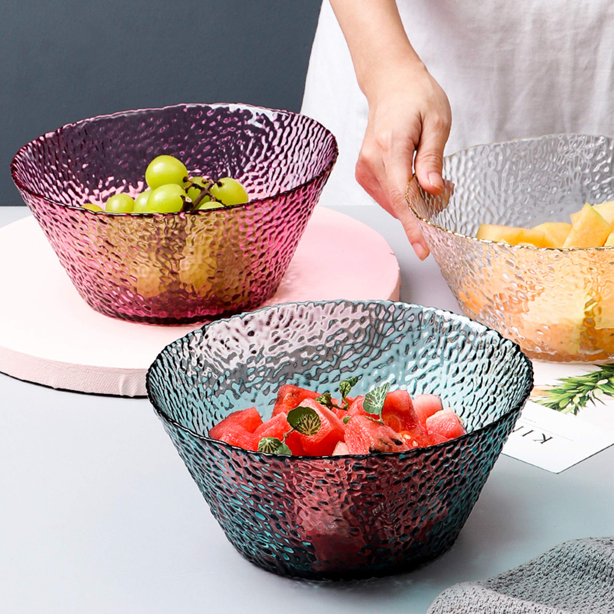 Glas Obstschale Salatschüssel Verdicken Transparente Runde Schüssel für Obstkorb Gemüsesnack (21x9.5 cm), Beinhaltet 2X Fruchtgabel