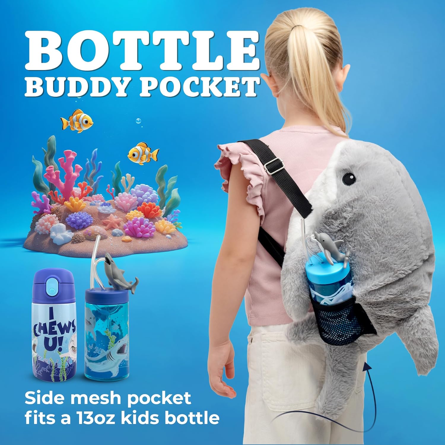 SRM Entertainment Sealife Shark Plush Mini Backpack with Adjustable Strap, Travel Bag for Kids, Plushie Stuffed Animal Toddler Backpack, Cute Backpacks, For Girls and Boys, 14 Inch - Image 3