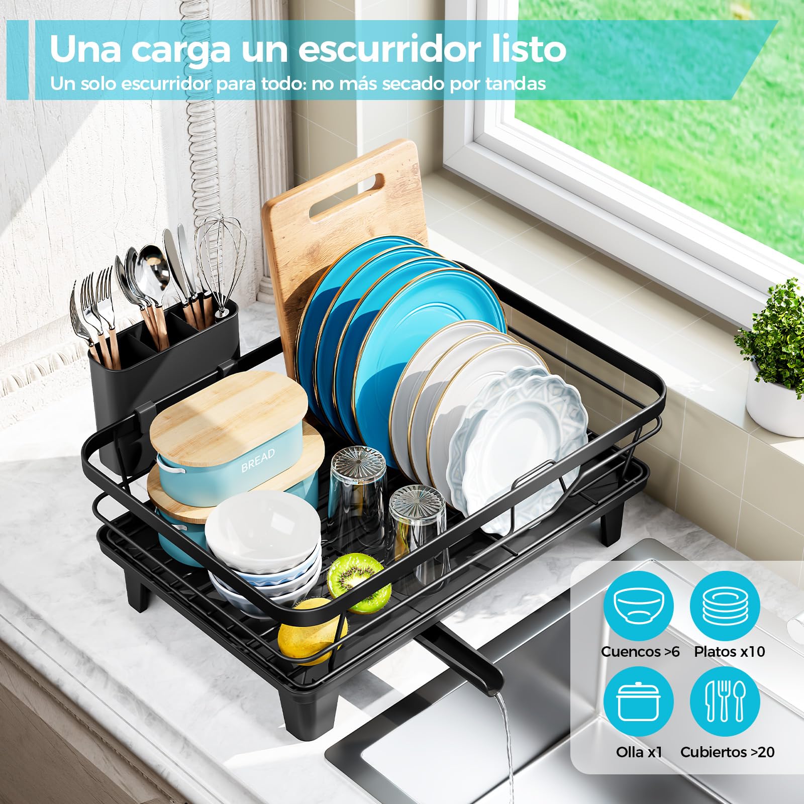 Escurridor de Platos, Escurreplatos con Soporte para Utensilios Extraíble, Escurreplatos de Cocina para Fregadero con Tabla de Escurrir con Pies Elevados, Escurreplatos de Gran Capacidad, Negro