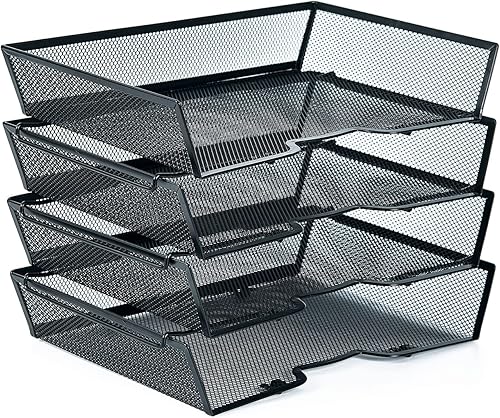 Miniatura 9 de SETTFRFE Organizador de escritorio de malla metálica de 4 niveles, bandejas apilables para suministros de oficina, sistema de almacenamiento de