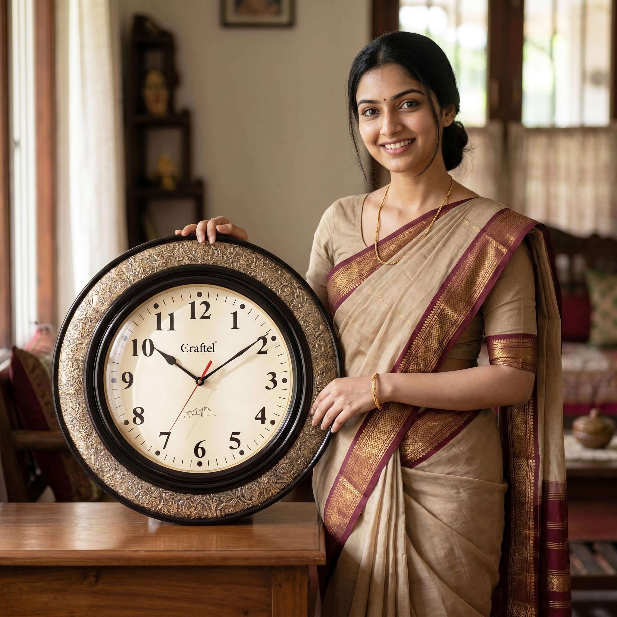 CRAFTEL Brass Embossed Analog Wall Clock Round Vintage Clock for Bedroom Living Room Home and Office (Brown) 1